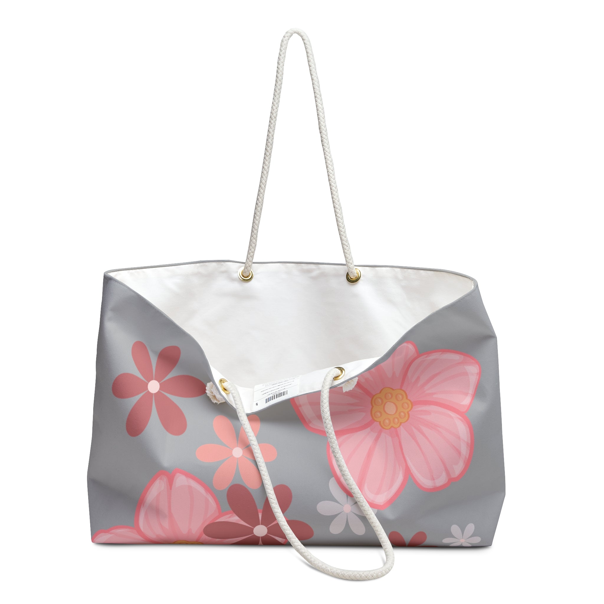Floral Pink Garden Weekender Bag — Large Grey Tote with Pink Flower Print