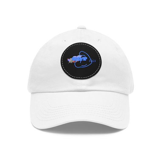 White Dad Hat with Round Leather Patch - Blue Abstract Fish Design