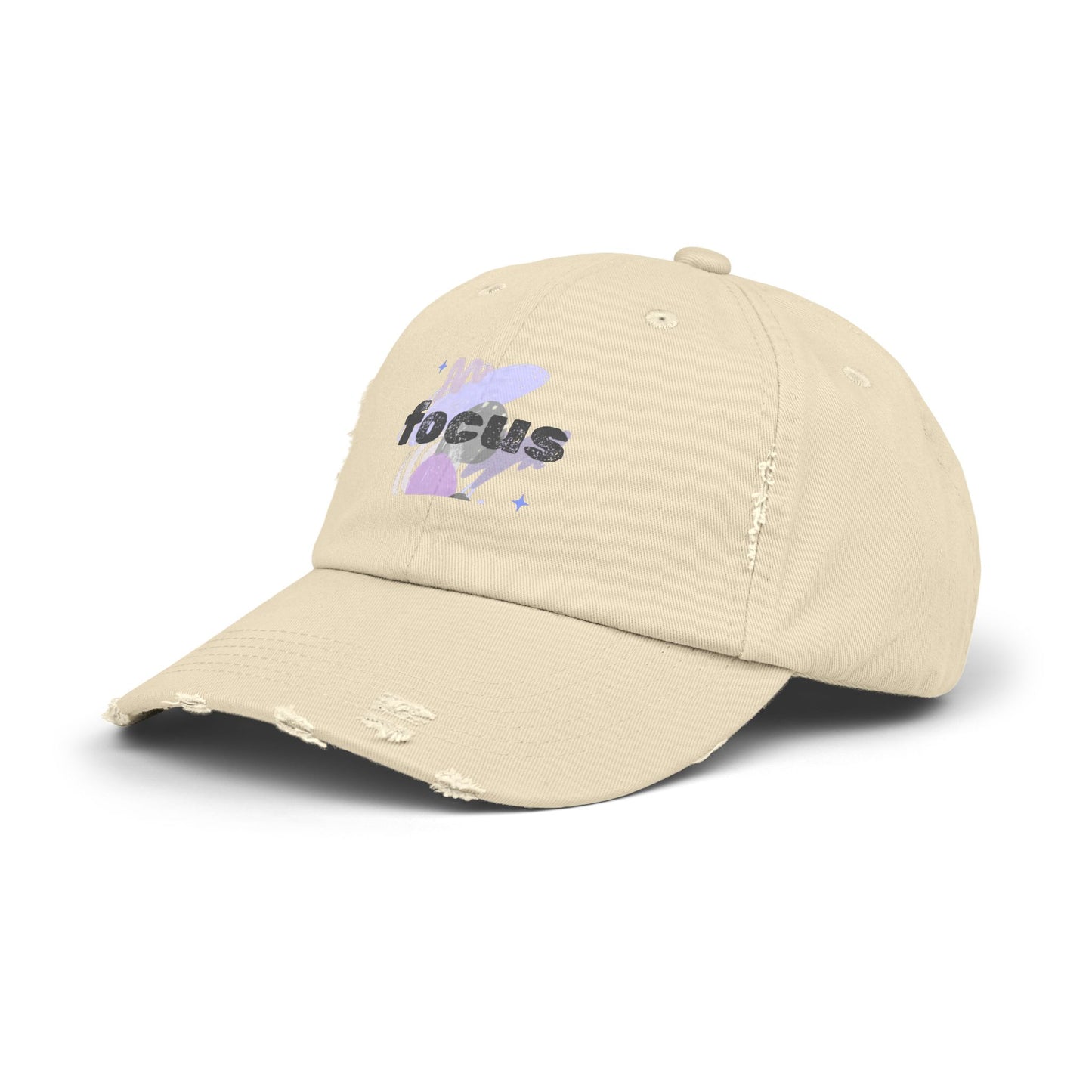 Focus Distressed Cap — Retro Pastel Graphic Baseball Hat