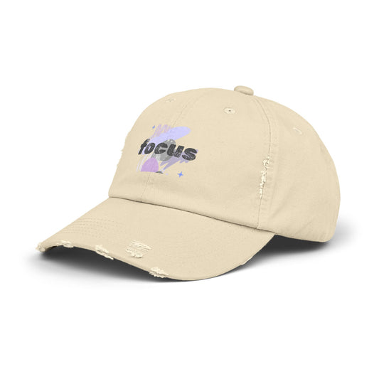 Focus Distressed Cap — Retro Pastel Graphic Baseball Hat