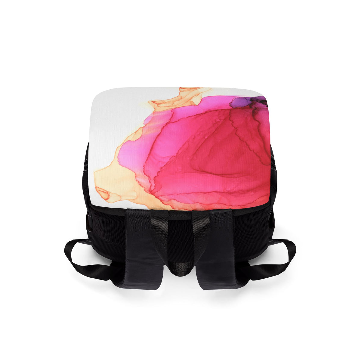 Watercolor Pink & Gold Flap Backpack — Abstract Ink Art Shoulder Backpack