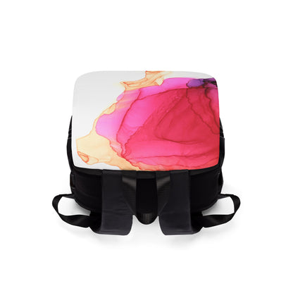 Watercolor Pink & Gold Flap Backpack — Abstract Ink Art Shoulder Backpack