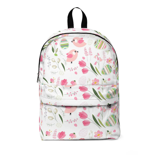 Spring Floral Bird Backpack — Cute Pink Tulip & Easter Egg Pattern