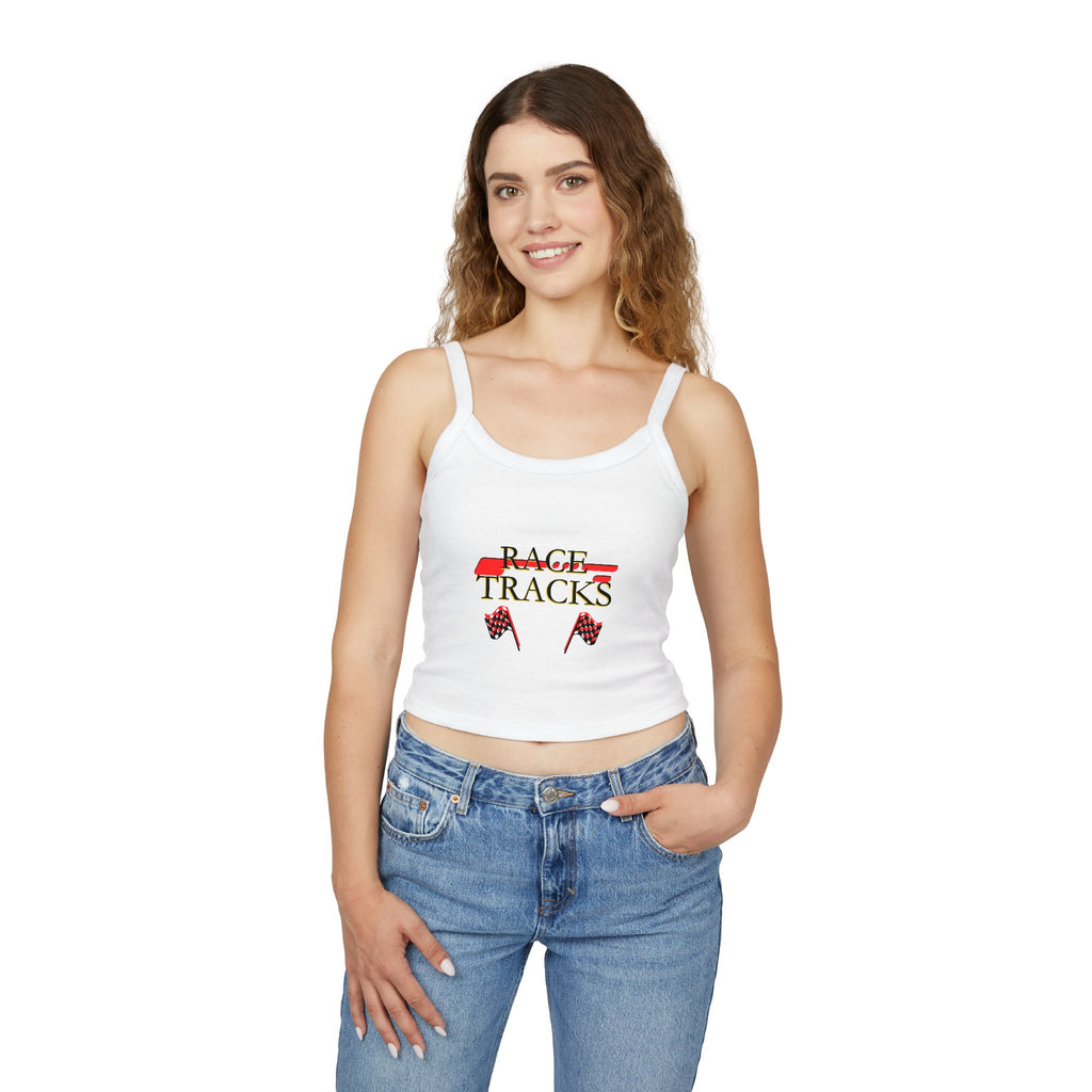 Race Tracks Crop Tank Top — Racing Flag Graphic Womens Spaghetti Strap Tank