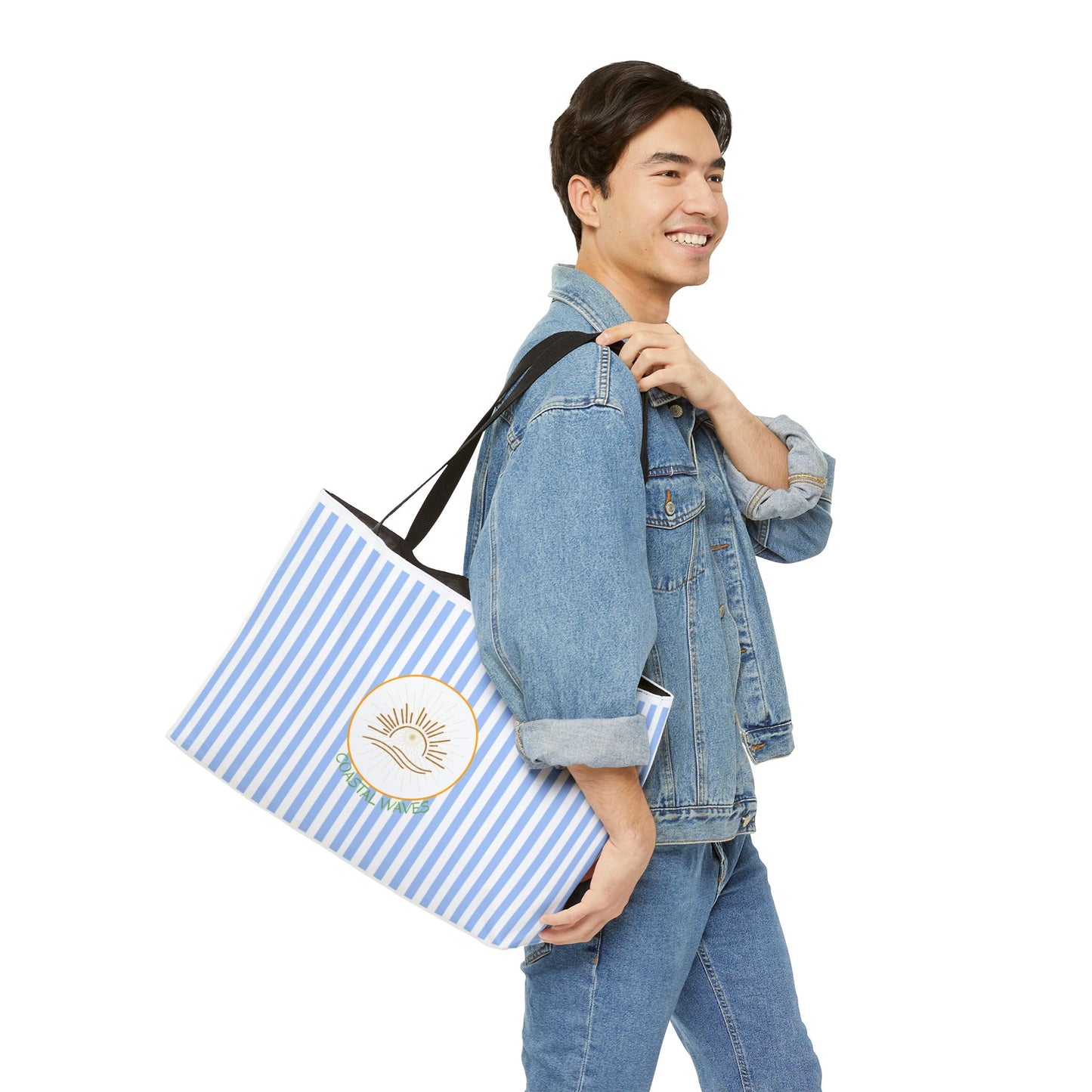 Weekender Tote Bag — Blue Striped Beach Tote with Sunrise Emblem
