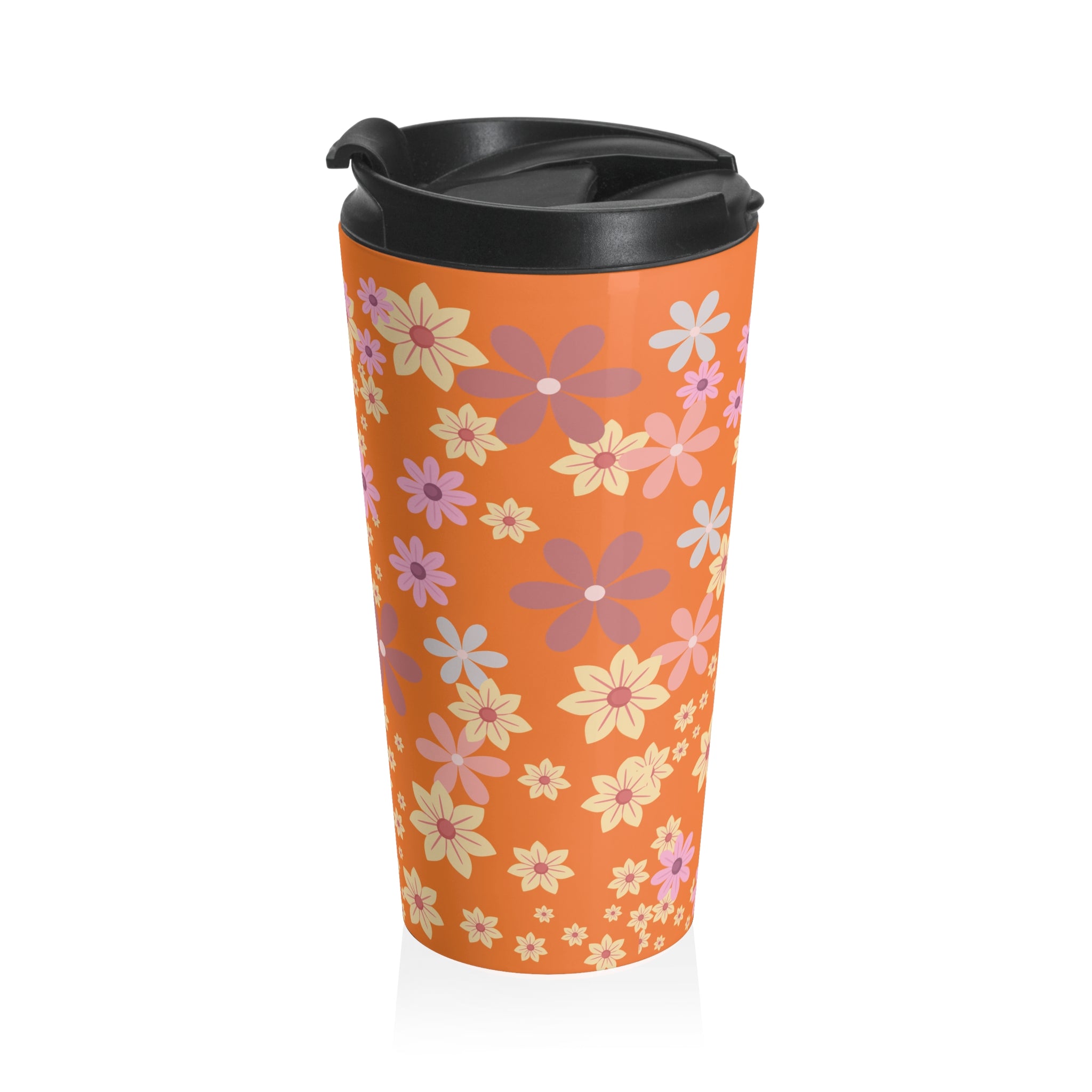 Retro Floral Orange Stainless Steel Travel Mug — 70s Daisy Pattern, Insulated Coffee Cup