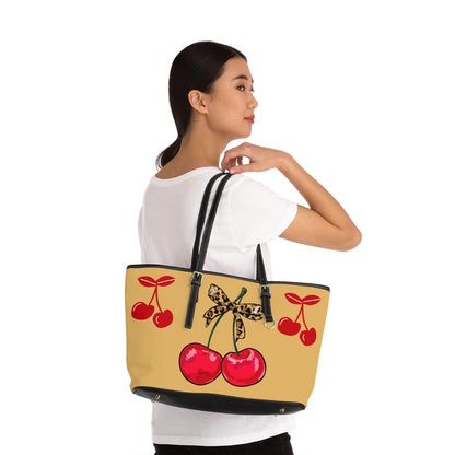 Cherry Bow PU Shoulder Bag – Retro Red Cherries with Leopard Bow Tote