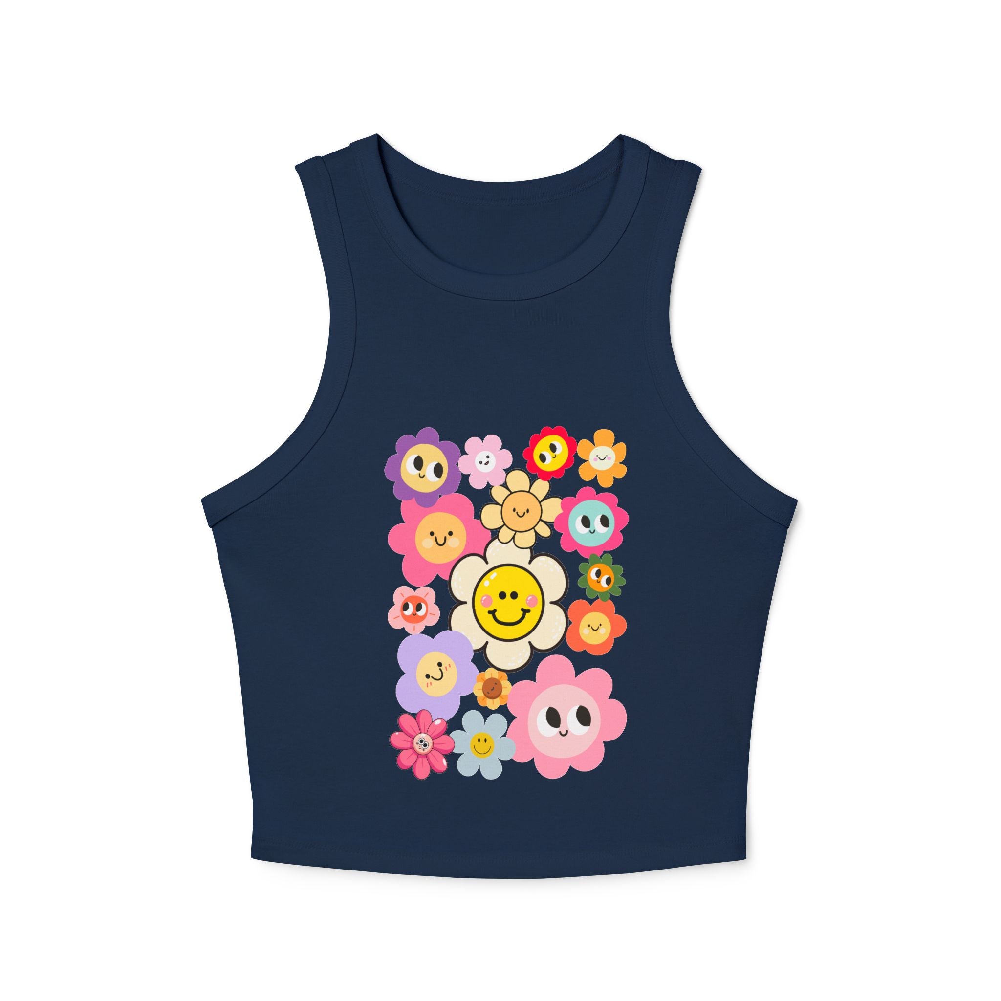 Smiley Flower Crop Tank — Cute Floral Smiley Graphic Racerback Tank