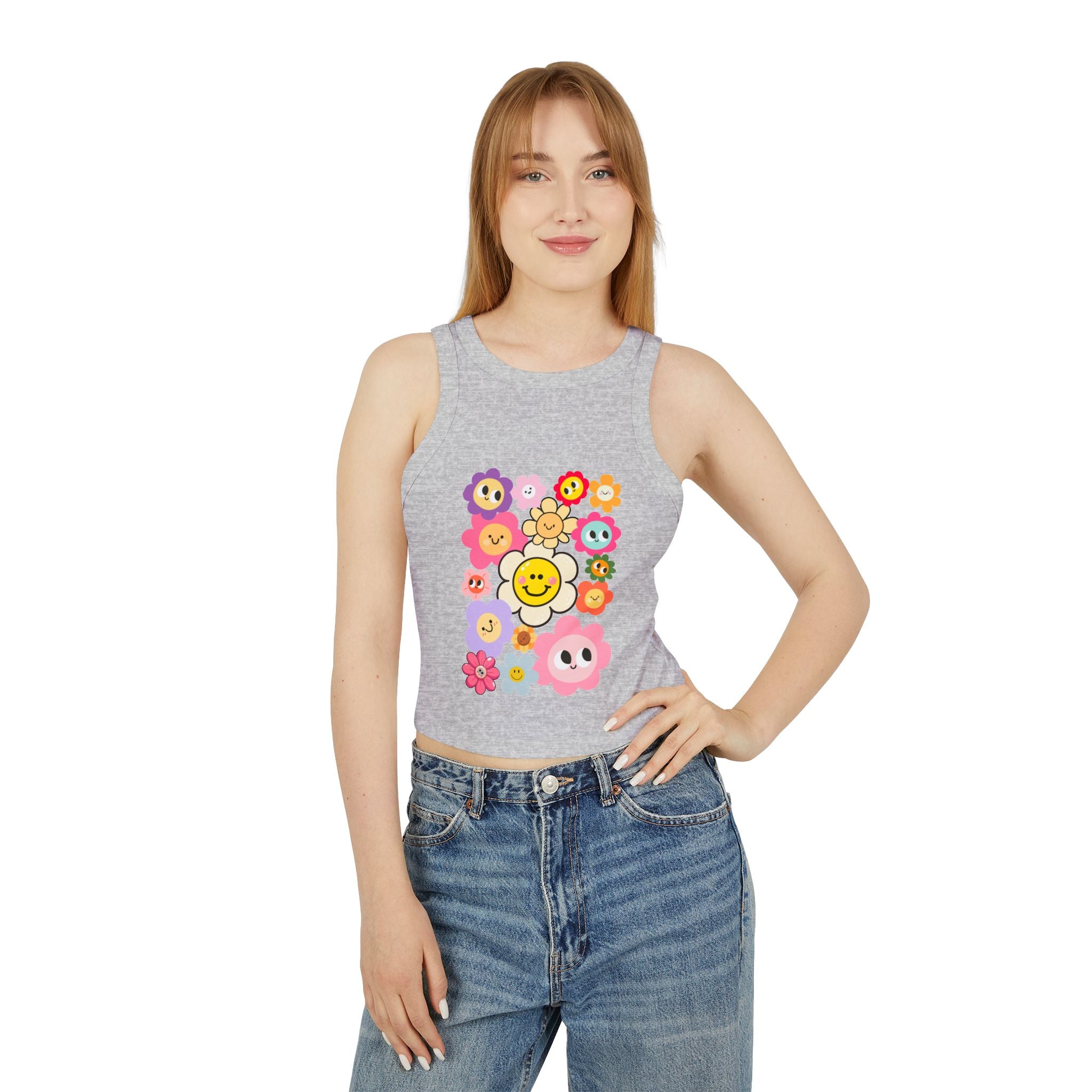 Smiley Flower Crop Tank — Cute Floral Smiley Graphic Racerback Tank