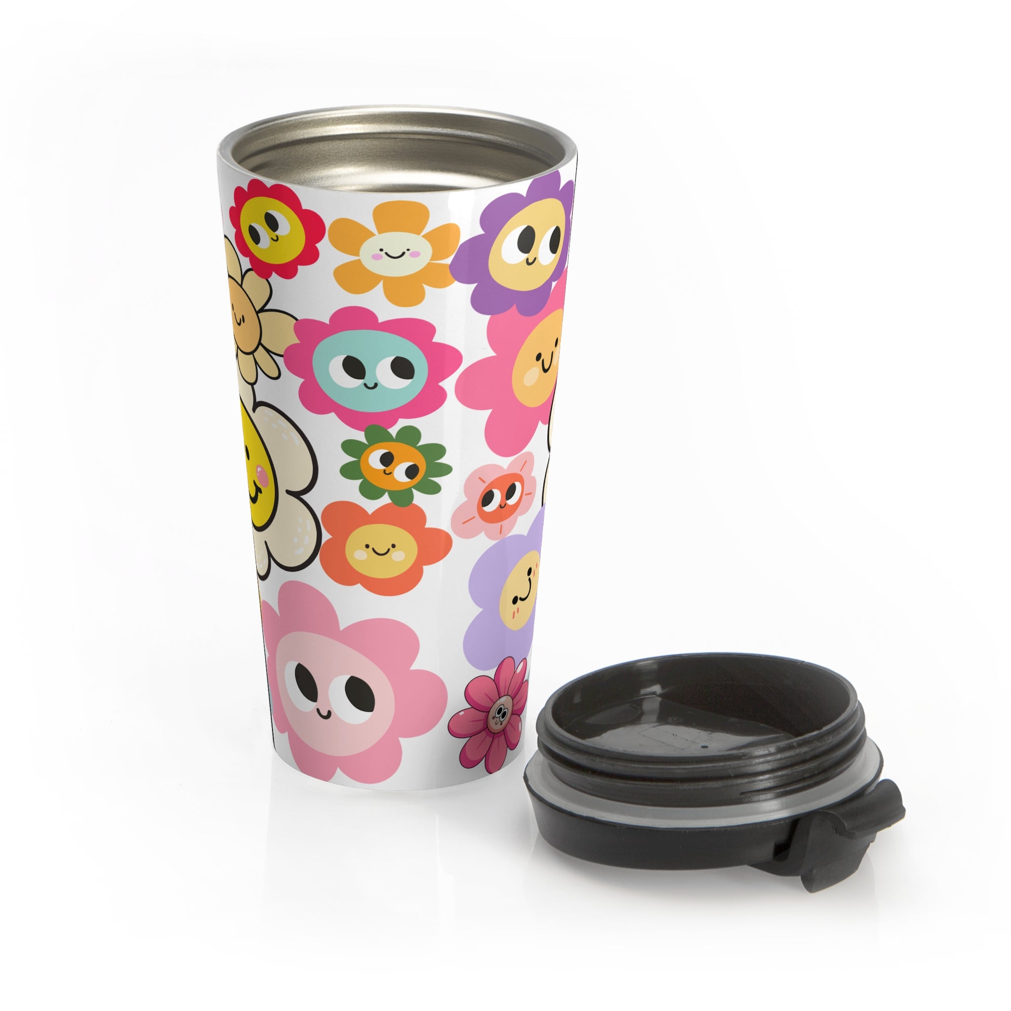 Happy Flower Faces Stainless Steel Travel Mug — Colorful Cute Floral Tumbler