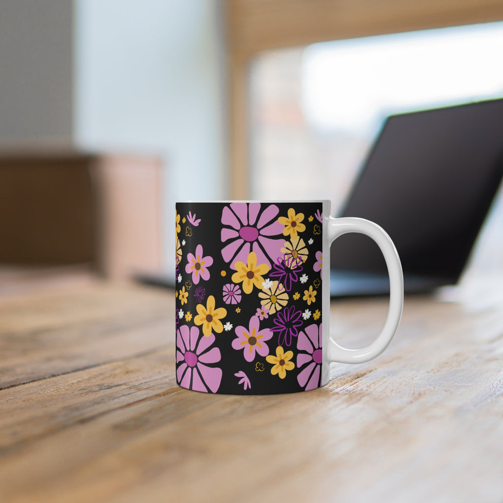 Floral Doodle Coffee Mug — Pink & Yellow Flowers on Black (11oz/15oz)