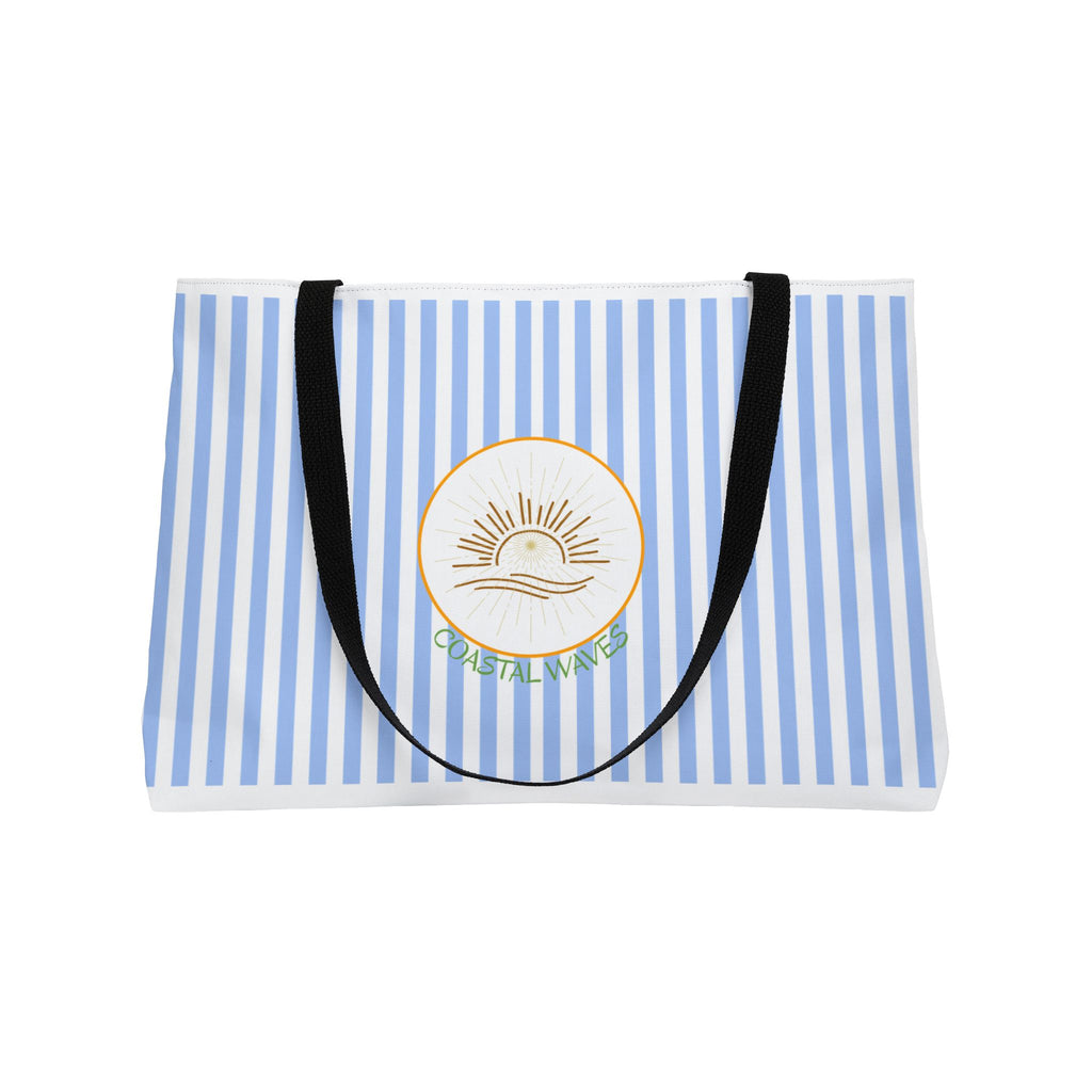 Weekender Tote Bag — Blue Striped Beach Tote with Sunrise Emblem