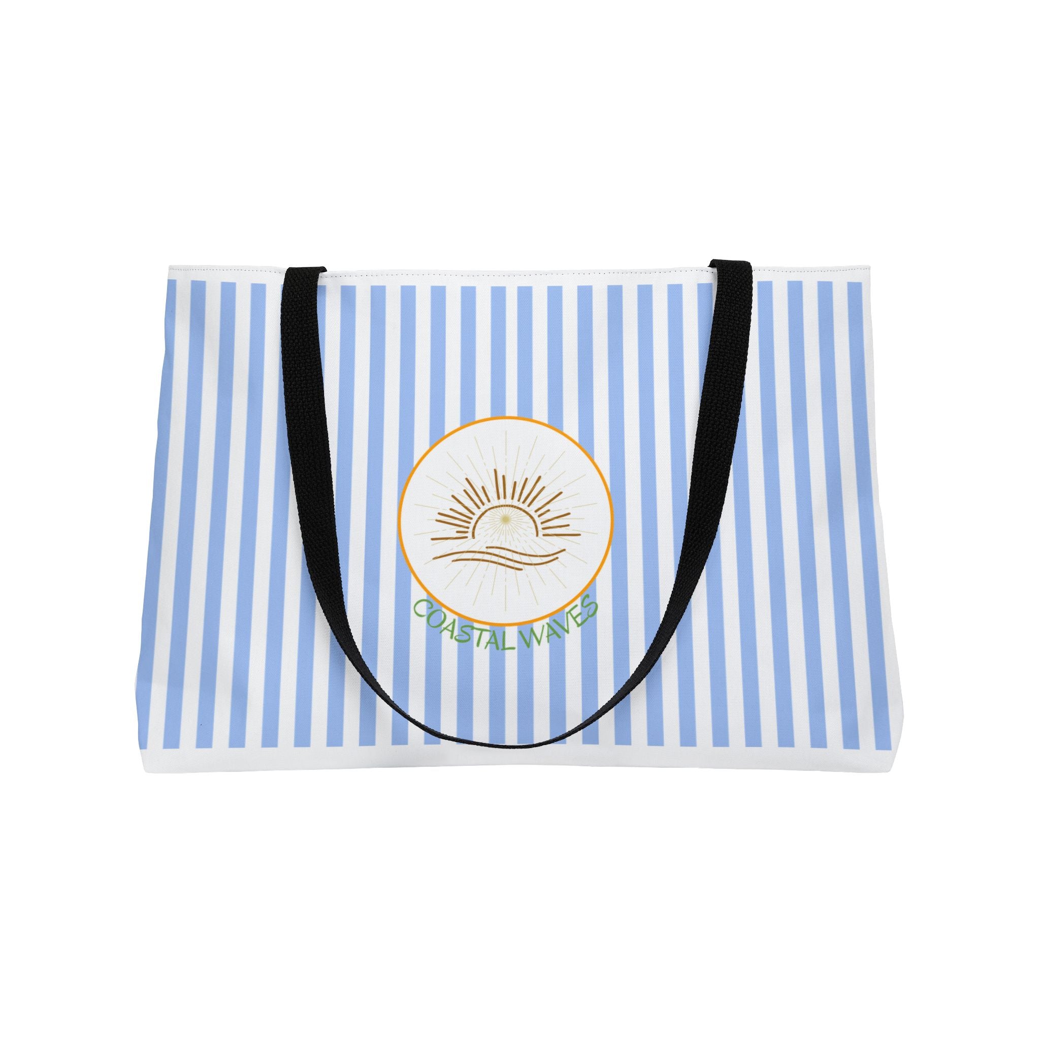 Weekender Tote Bag — Blue Striped Beach Tote with Sunrise Emblem