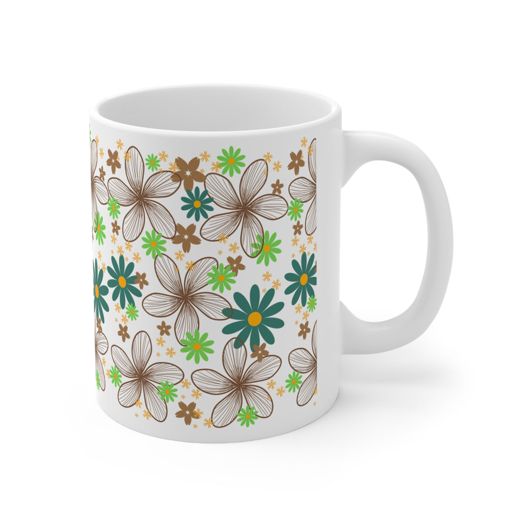 Floral Retro Ceramic Mug — Brown, Teal & Green Flower Pattern (11oz & 15oz)