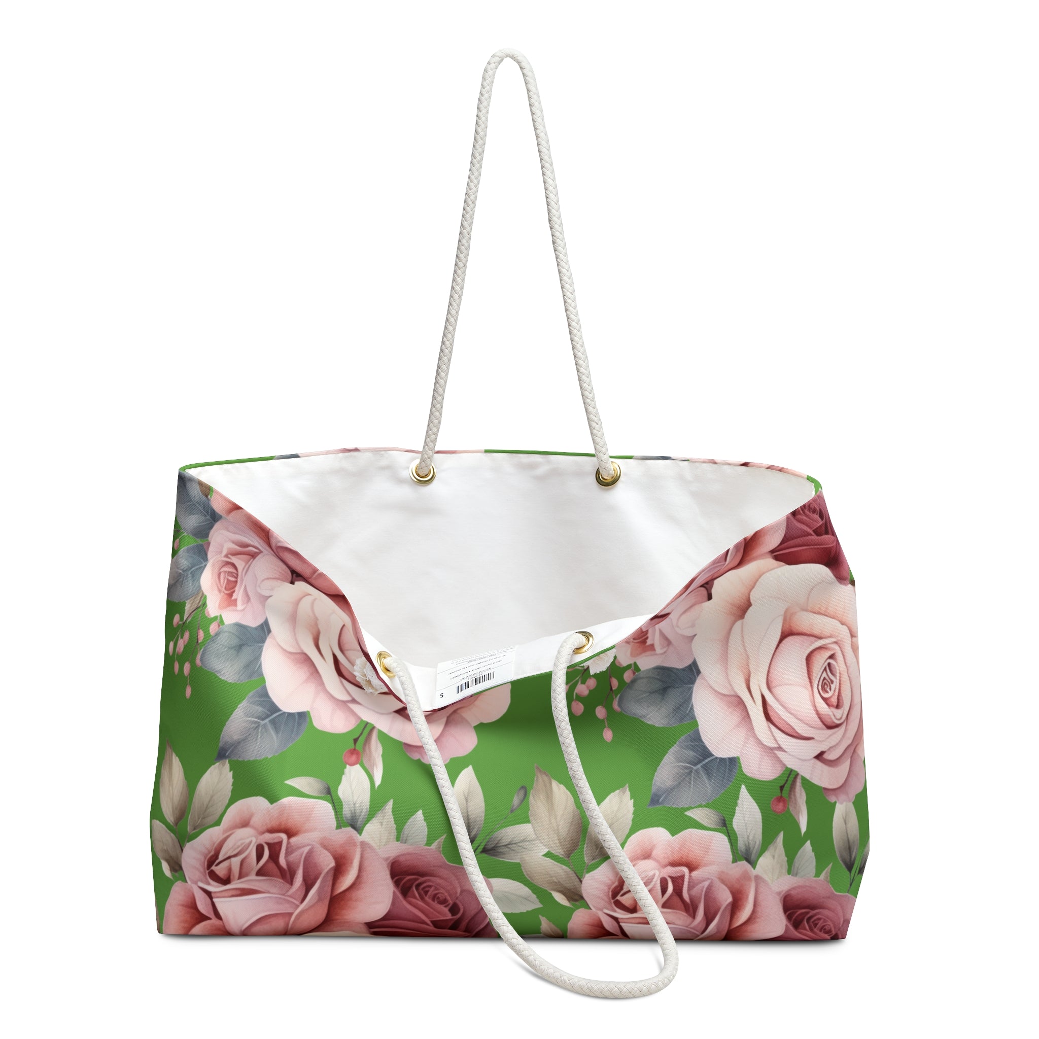 Floral Rose Weekender Bag — Pink Roses on Green Tote for Travel & Beach