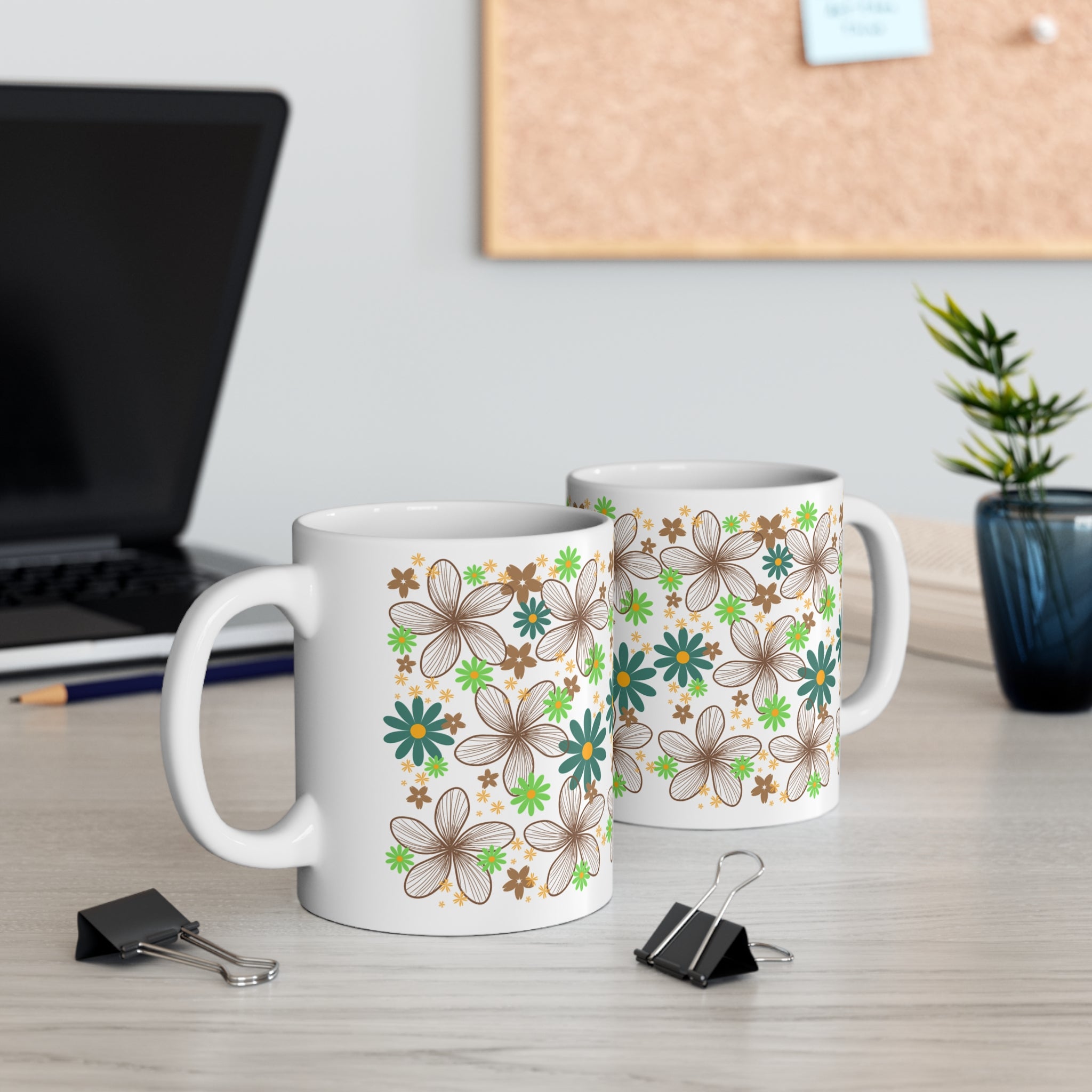 Floral Retro Ceramic Mug — Brown, Teal & Green Flower Pattern (11oz & 15oz)