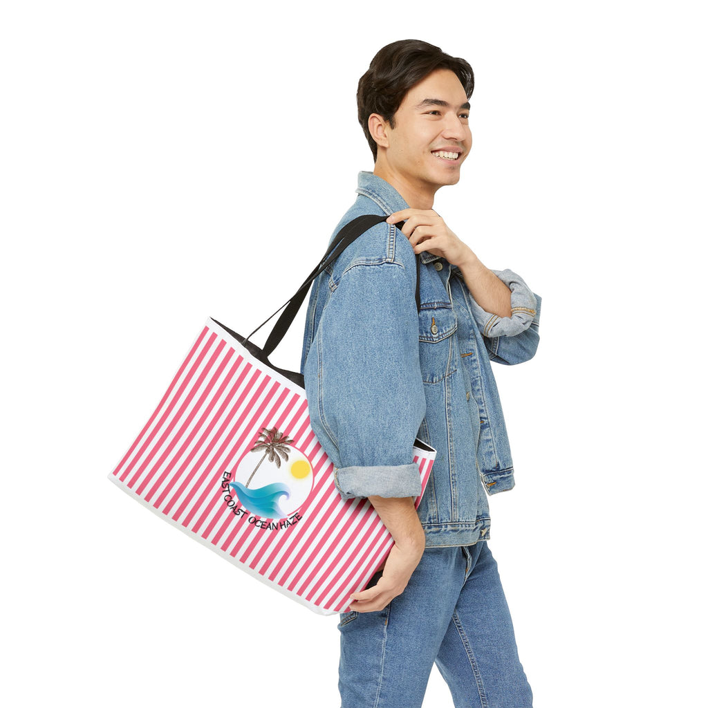 Weekender Tote Bag — Pink Striped Beach Tote with Palm Tree & 'Goodbye Oceans' Graphic