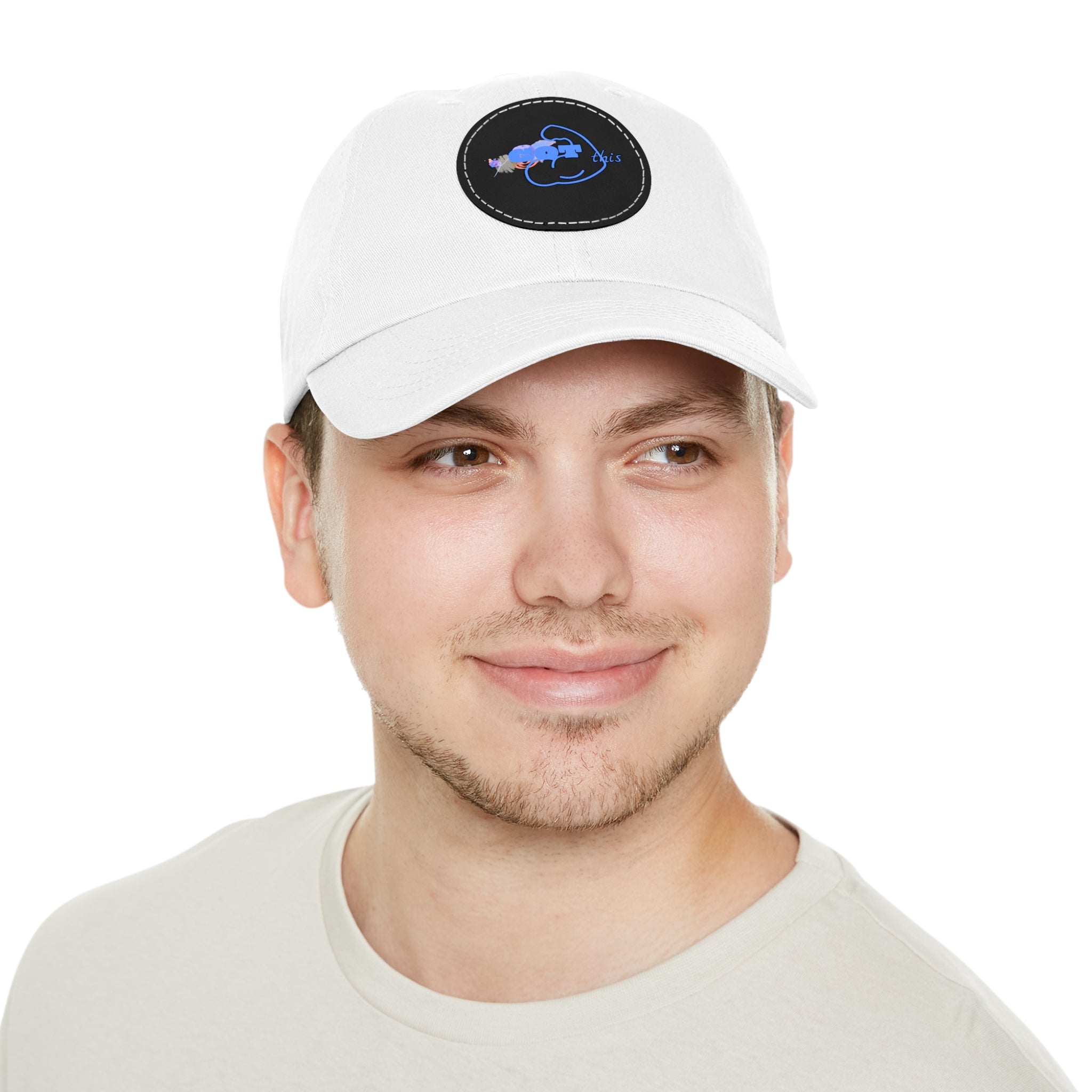 White Dad Hat with Round Leather Patch - Blue Abstract Fish Design