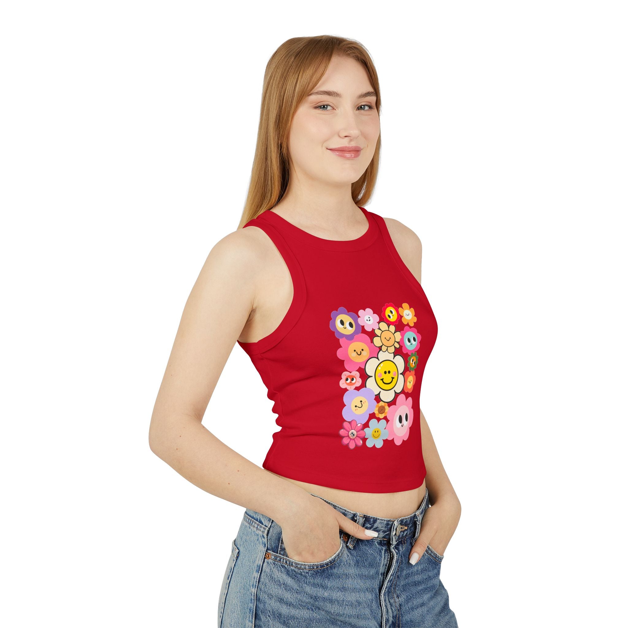 Smiley Flower Crop Tank — Cute Floral Smiley Graphic Racerback Tank