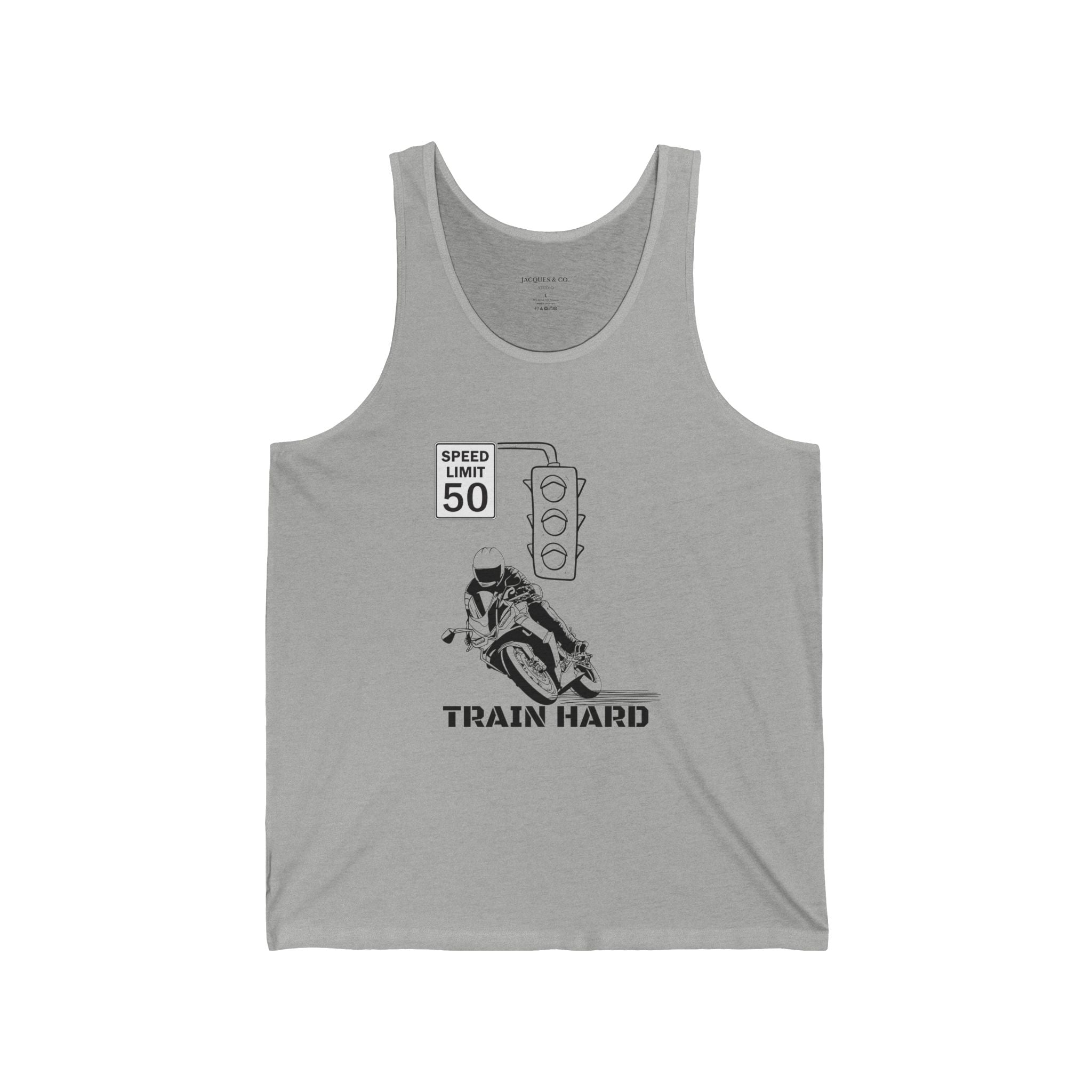 Train Hard Racerback Tank Top – Running Wolf Graphic, Speed Limit 50