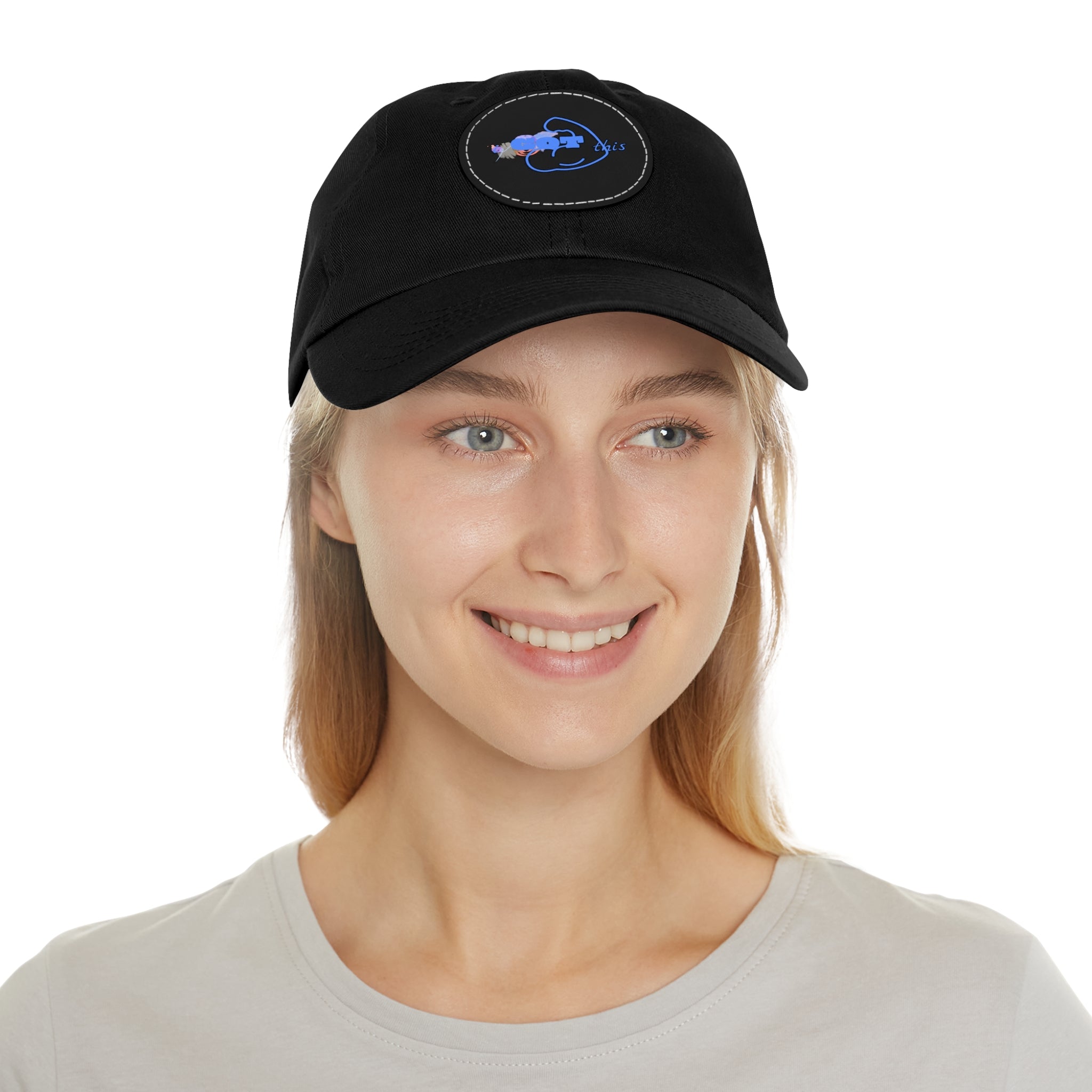 White Dad Hat with Round Leather Patch - Blue Abstract Fish Design