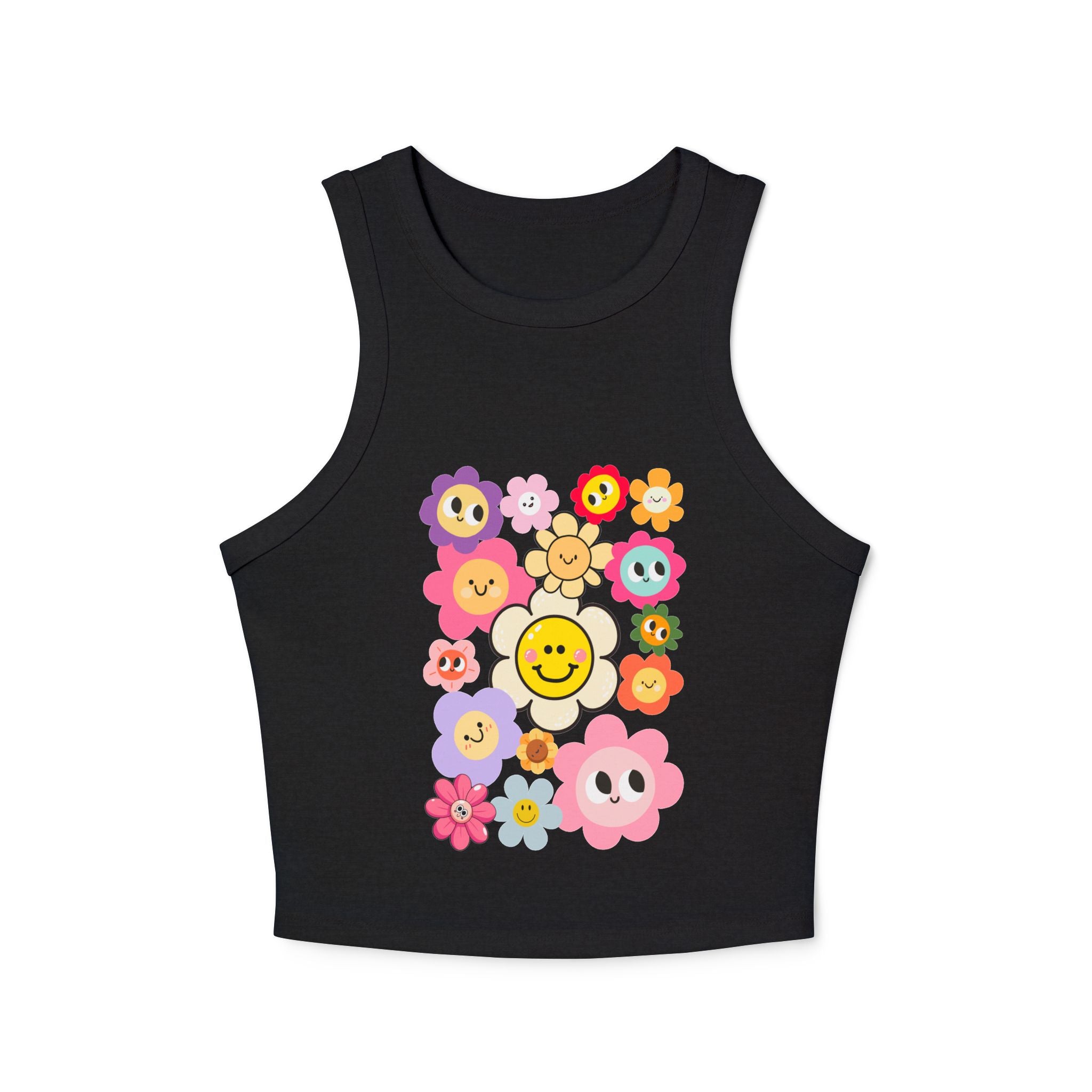 Smiley Flower Crop Tank — Cute Floral Smiley Graphic Racerback Tank