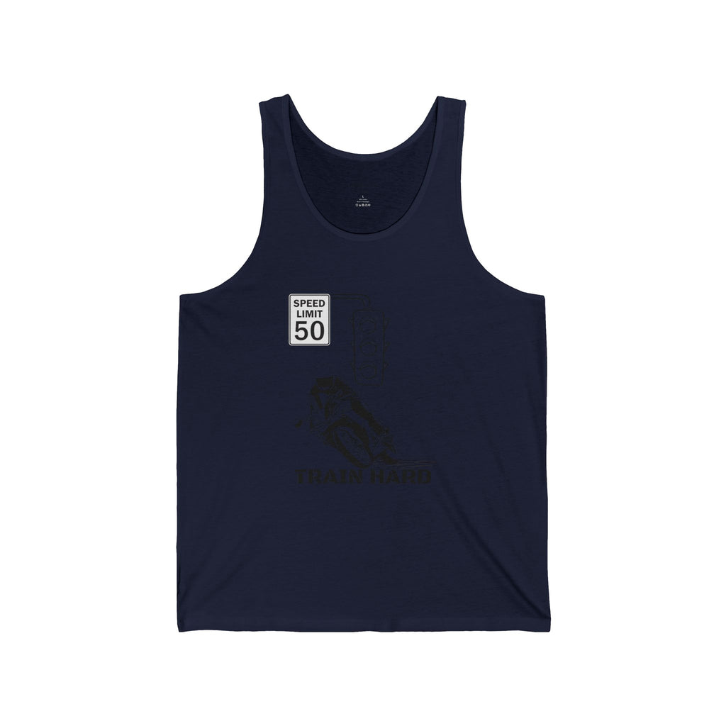 Train Hard Racerback Tank Top – Running Wolf Graphic, Speed Limit 50