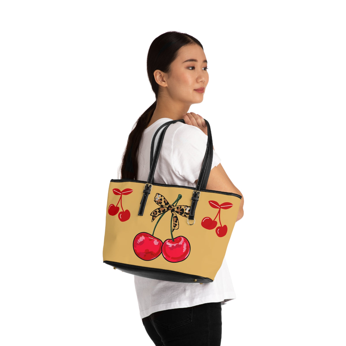 Cherry Bow PU Shoulder Bag – Retro Red Cherries with Leopard Bow Tote