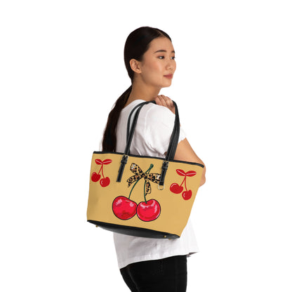 Cherry Bow PU Shoulder Bag – Retro Red Cherries with Leopard Bow Tote