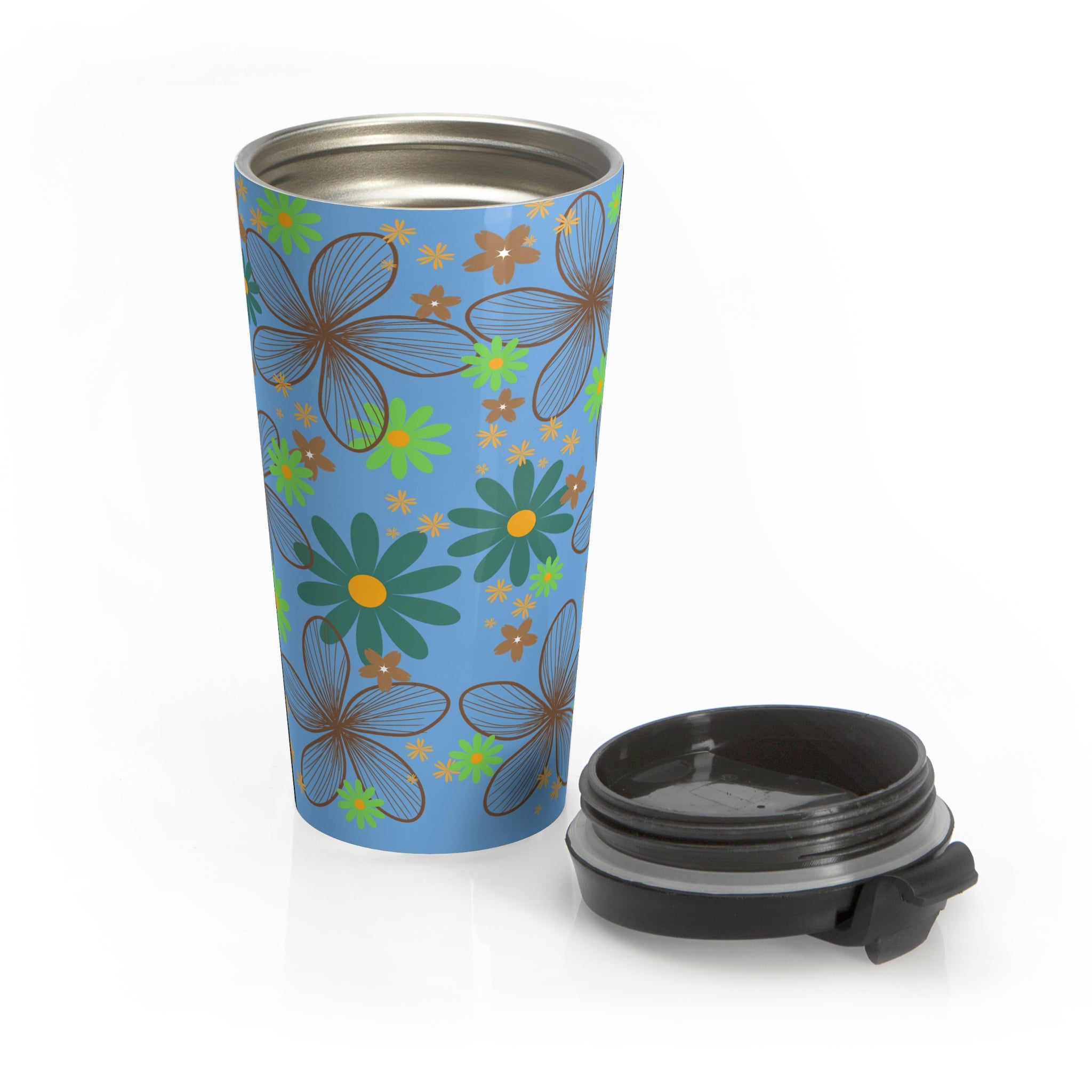 Floral Breeze Stainless Steel Travel Mug — Blue Vintage Flower Pattern