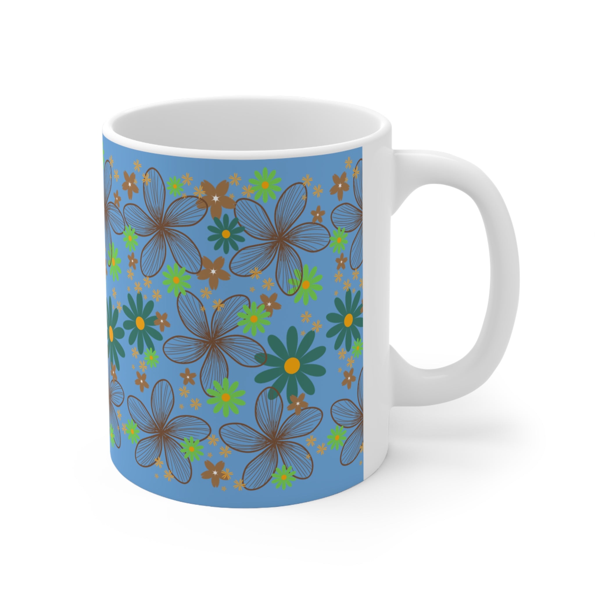 Blue Floral Ceramic Coffee Mug — Retro Daisy Pattern, 11oz & 15oz
