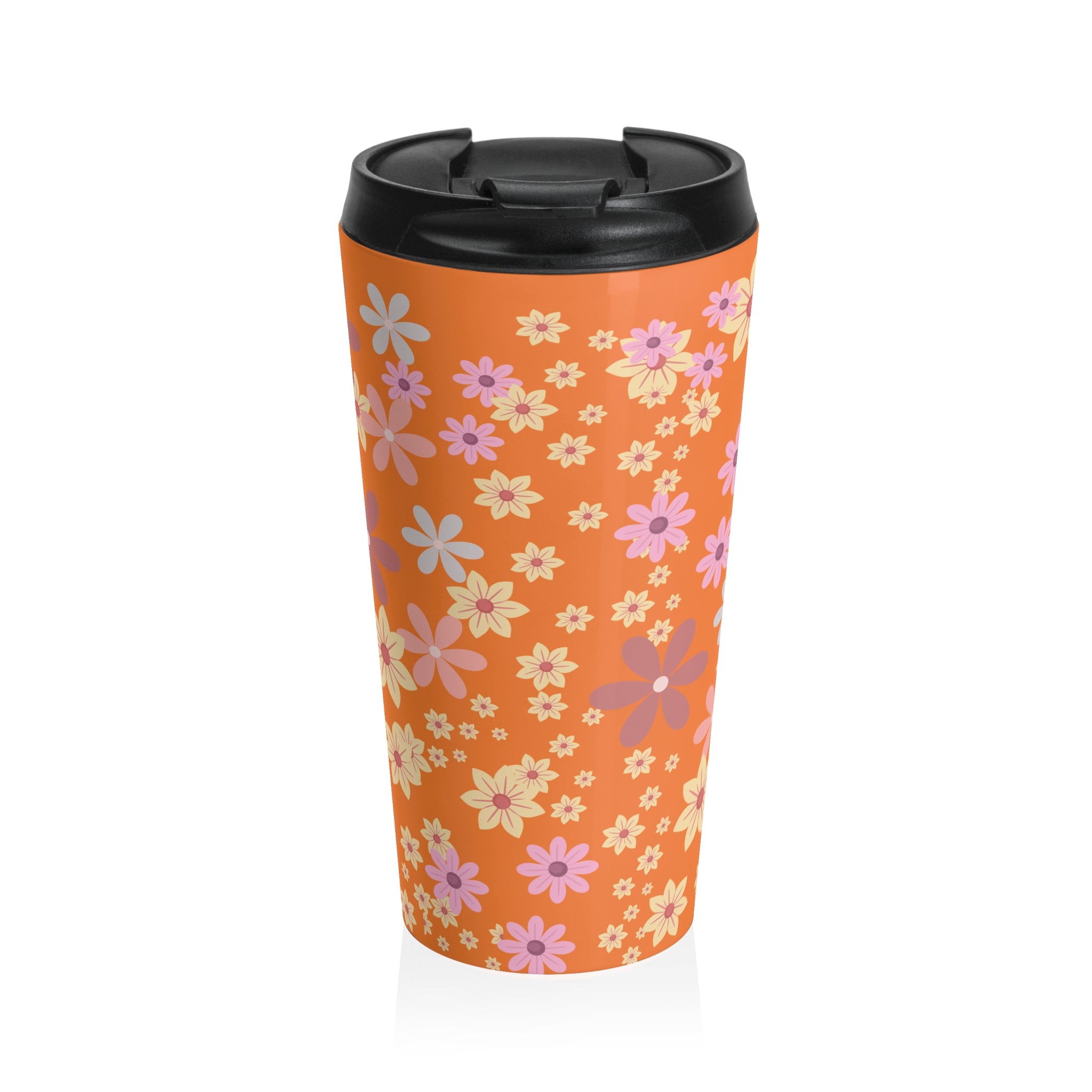 Retro Floral Orange Stainless Steel Travel Mug — 70s Daisy Pattern, Insulated Coffee Cup