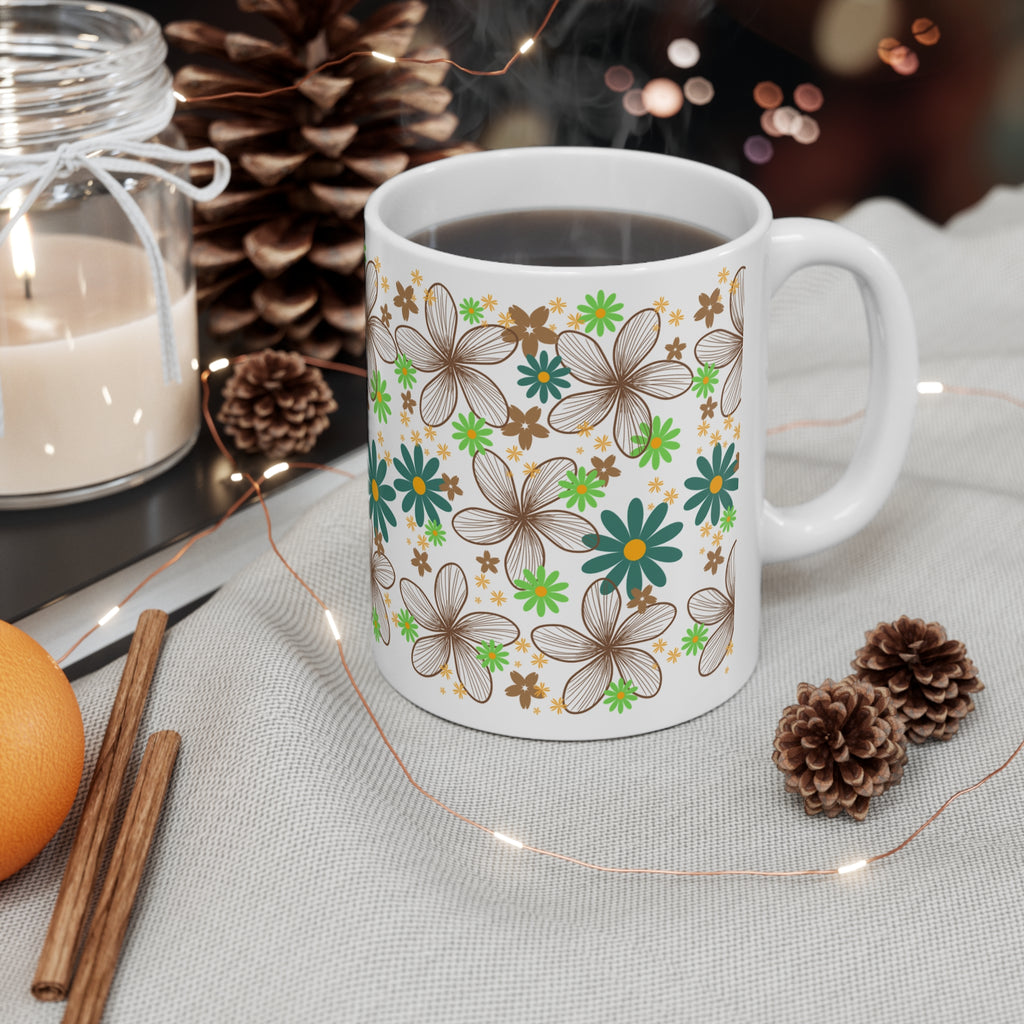 Floral Retro Ceramic Mug — Brown, Teal & Green Flower Pattern (11oz & 15oz)
