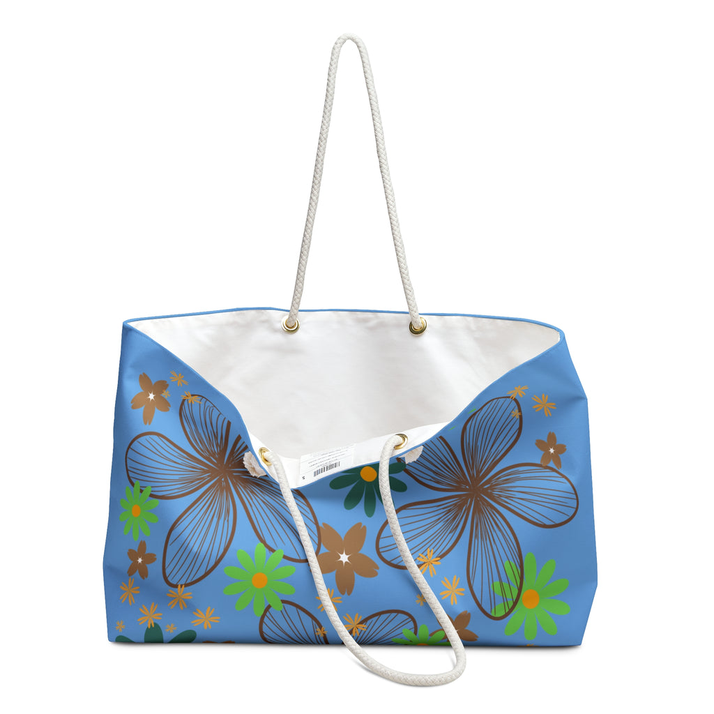 Floral Blue Weekender Bag — Retro Tropical Flower Travel Tote