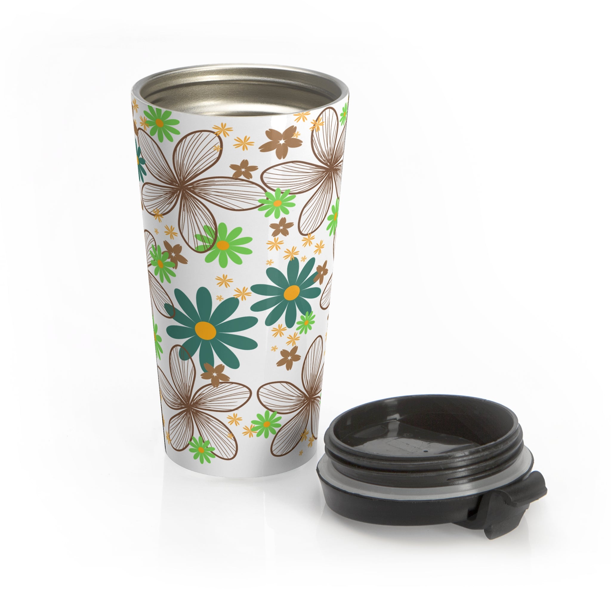 Floral Stainless Steel Travel Mug — Green & Brown Retro Flower Pattern