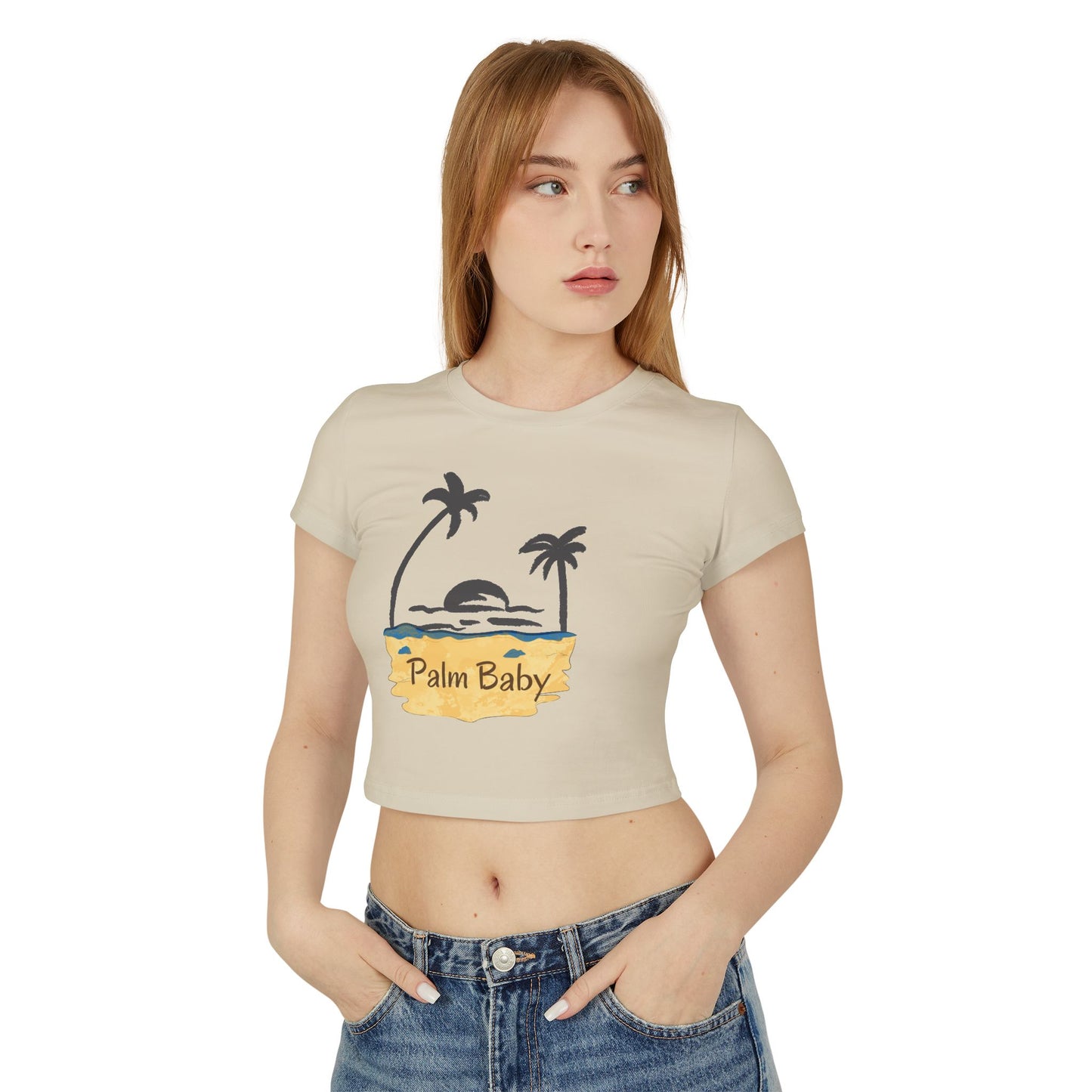 Palm Baby Women's Baby Tee — Tropical Palm Tree Sunset Crop Top