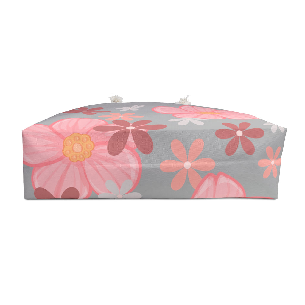 Floral Pink Garden Weekender Bag — Large Grey Tote with Pink Flower Print
