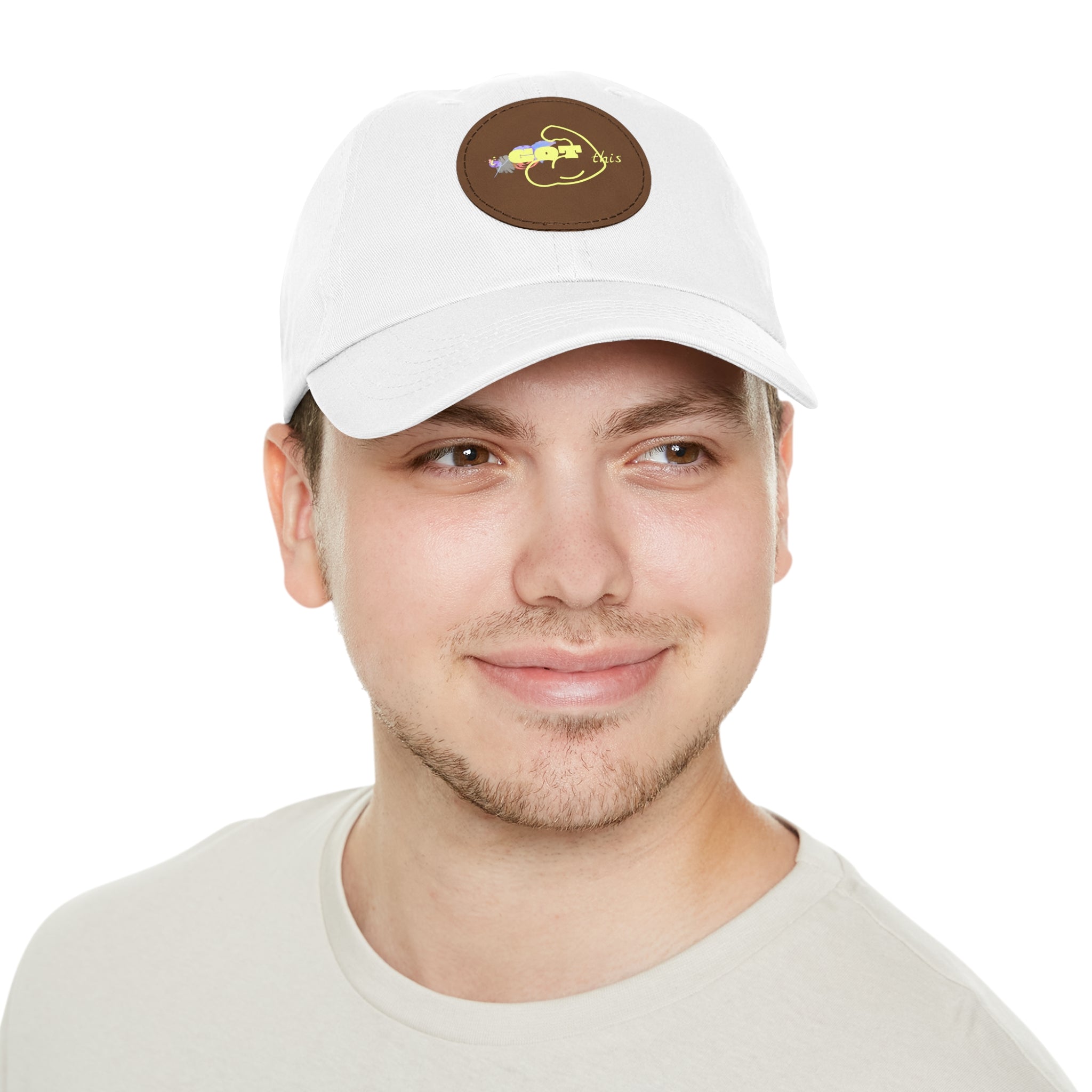 White Dad Hat with Round Leather Patch - Blue Abstract Fish Design