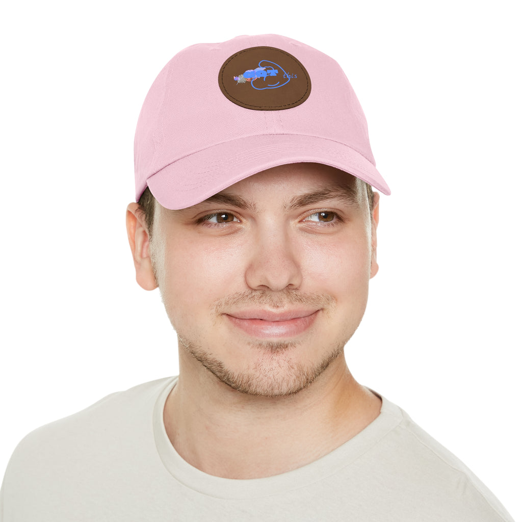 White Dad Hat with Round Leather Patch - Blue Abstract Fish Design
