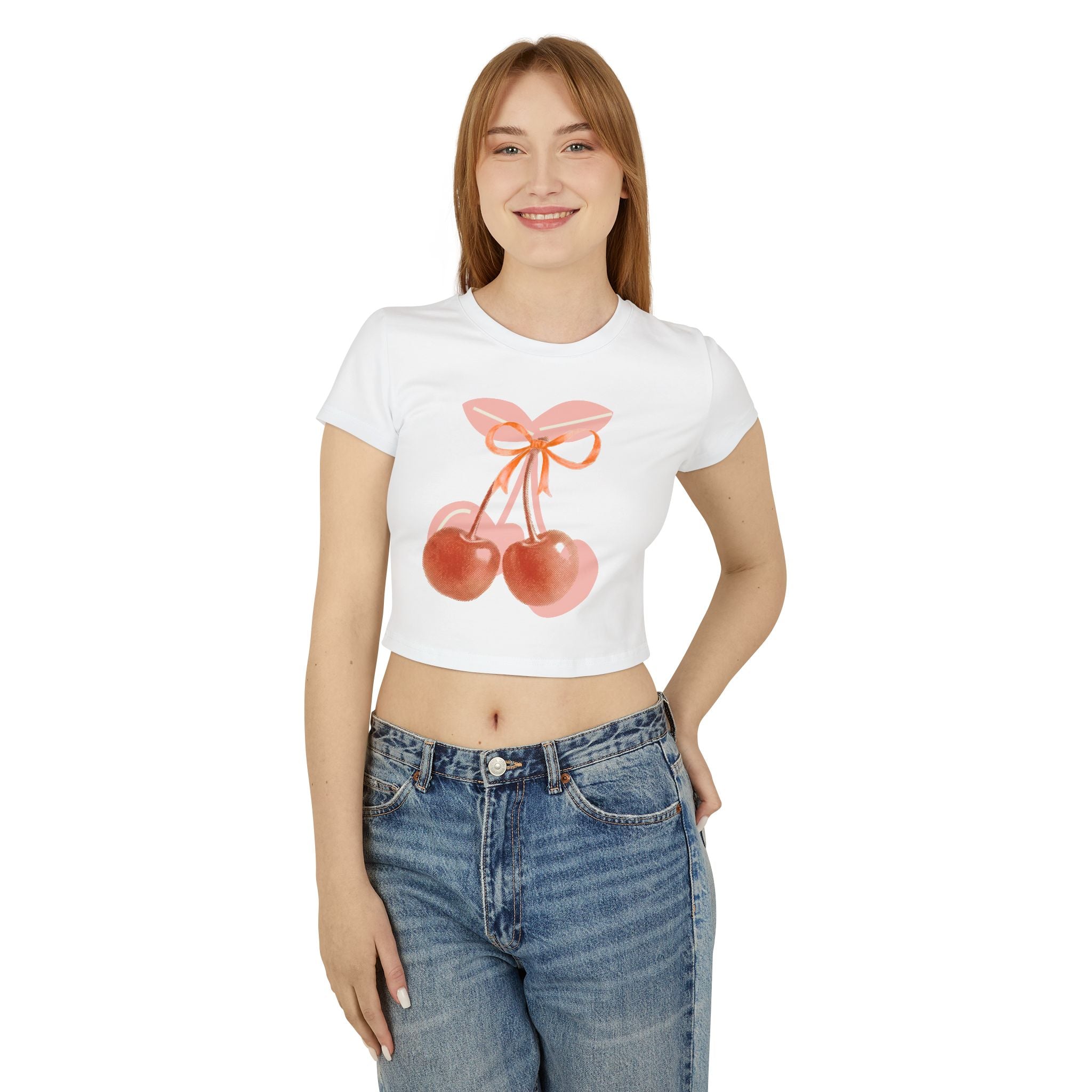 Cherry Bow Crop Tee — Cute Pink Watercolor Fruit Graphic Women's Baby Tee