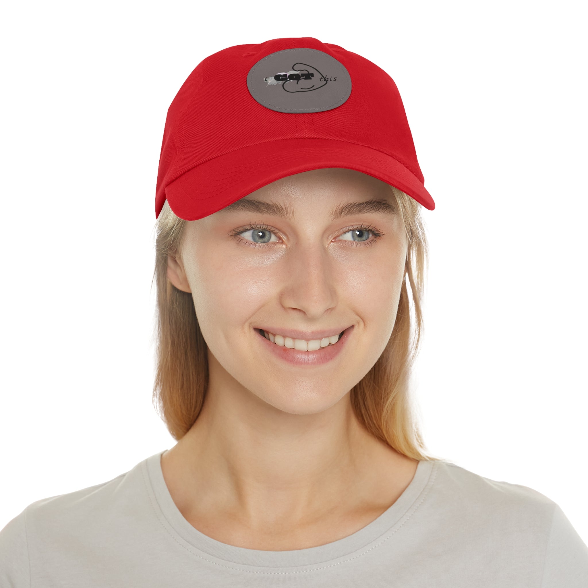 White Dad Hat with Round Leather Patch - Blue Abstract Fish Design