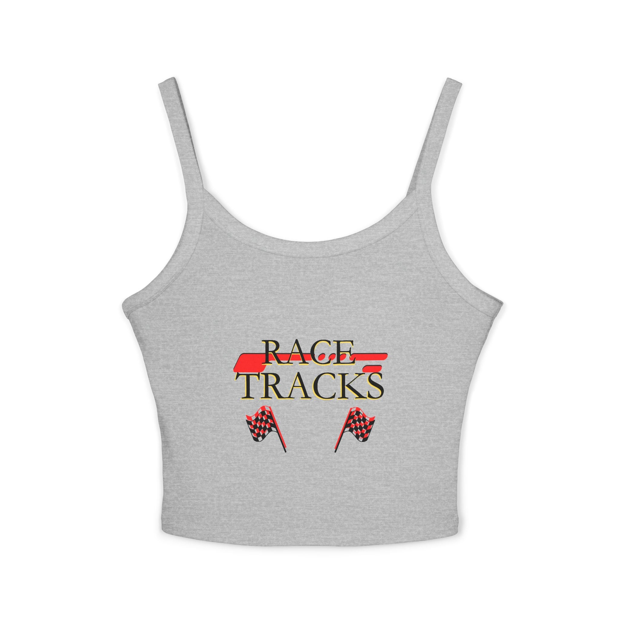 Race Tracks Crop Tank Top — Racing Flag Graphic Womens Spaghetti Strap Tank