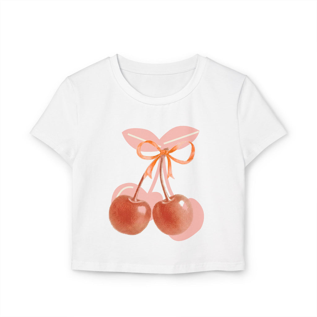 Cherry Bow Crop Tee — Cute Pink Watercolor Fruit Graphic Women's Baby Tee