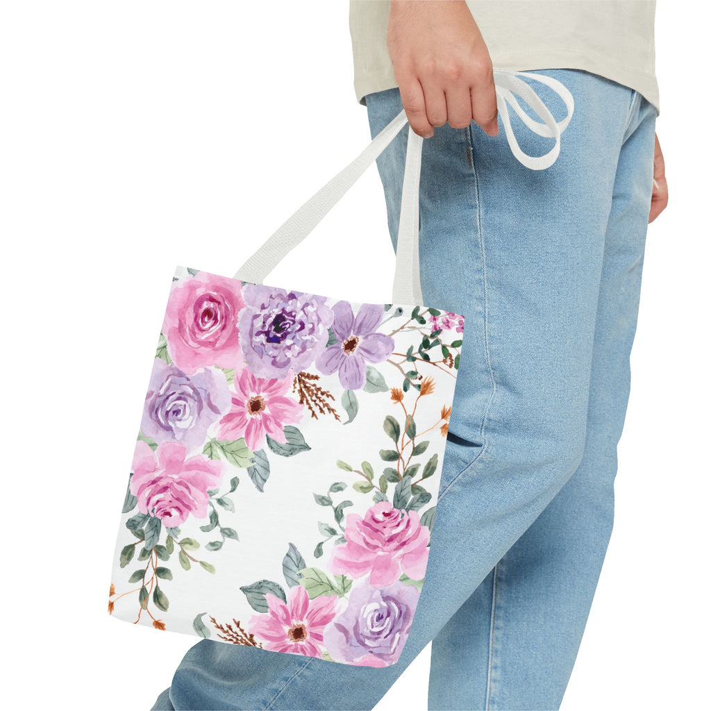 Floral Watercolor Tote Bag — Pink & Lavender Roses All-Over Print