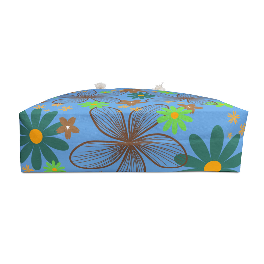 Floral Blue Weekender Bag — Retro Tropical Flower Travel Tote