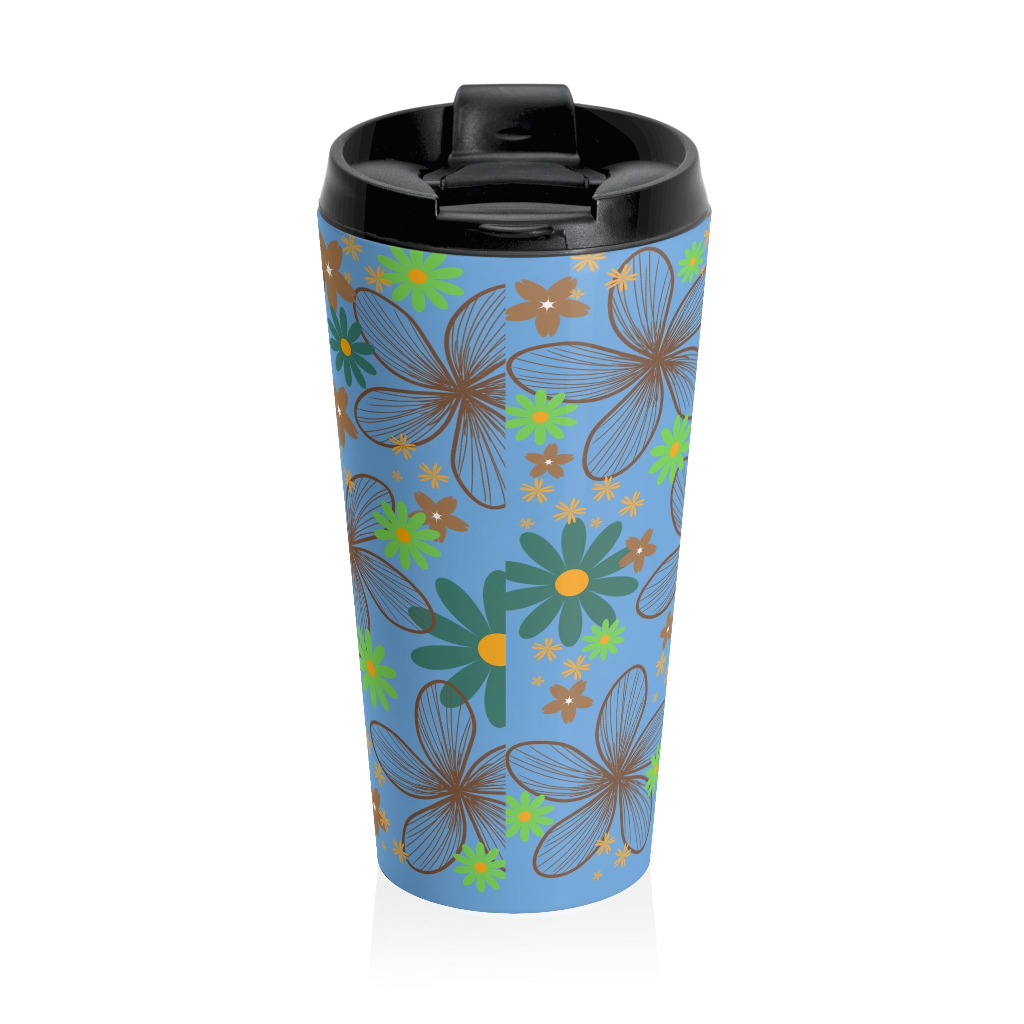 Floral Breeze Stainless Steel Travel Mug — Blue Vintage Flower Pattern