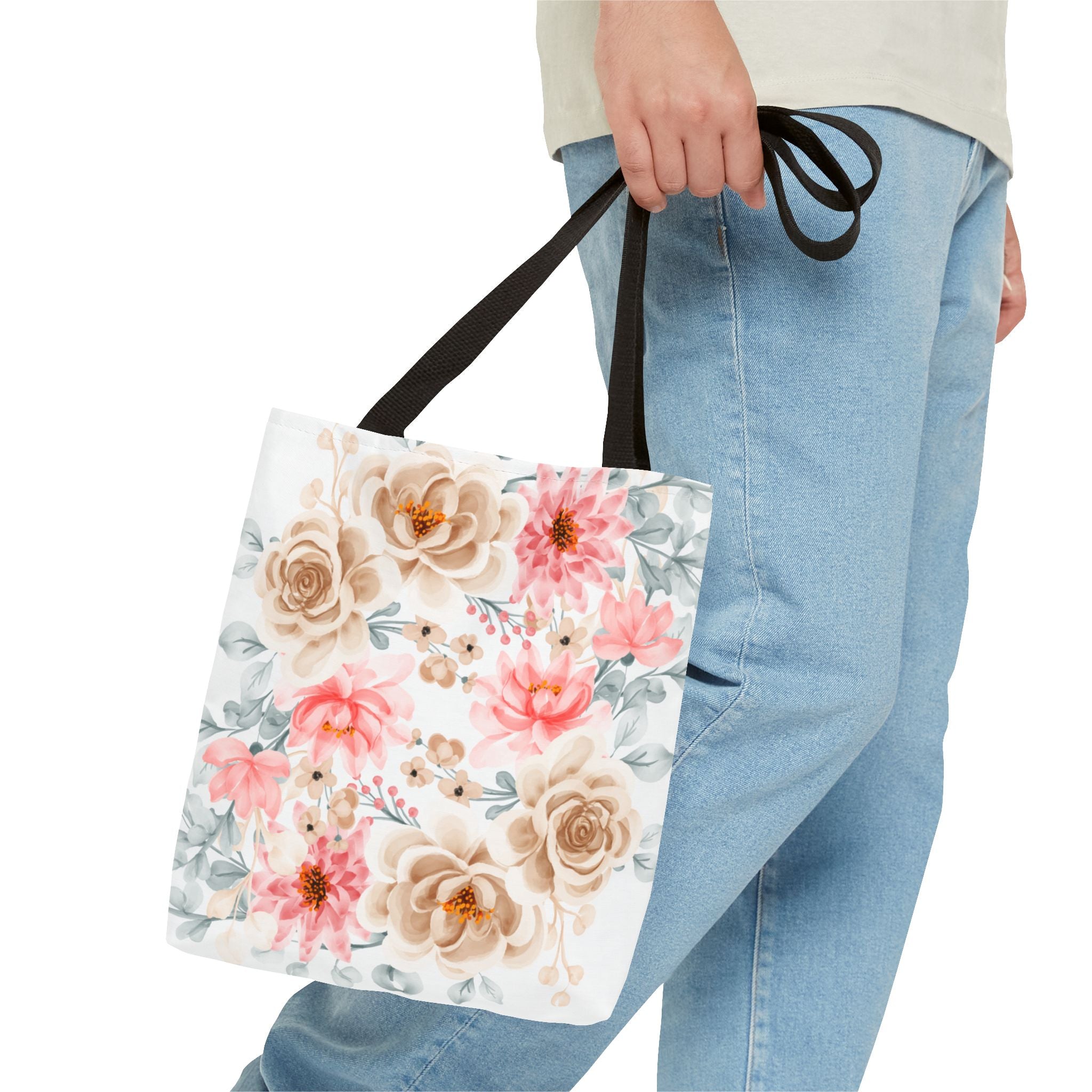 Floral Watercolor Tote Bag — Pink & Beige Garden Roses All-Over Print