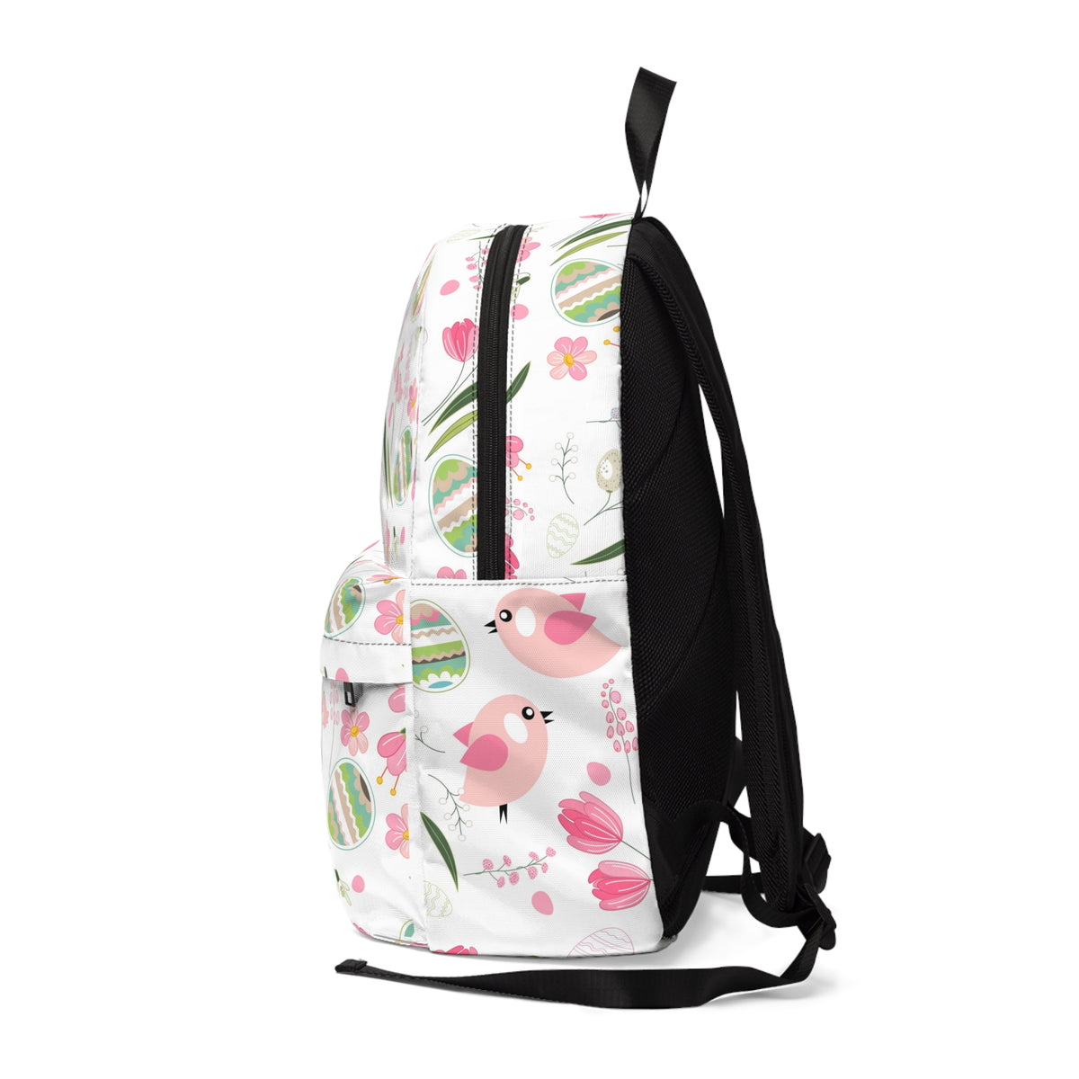 Spring Floral Bird Backpack — Cute Pink Tulip & Easter Egg Pattern