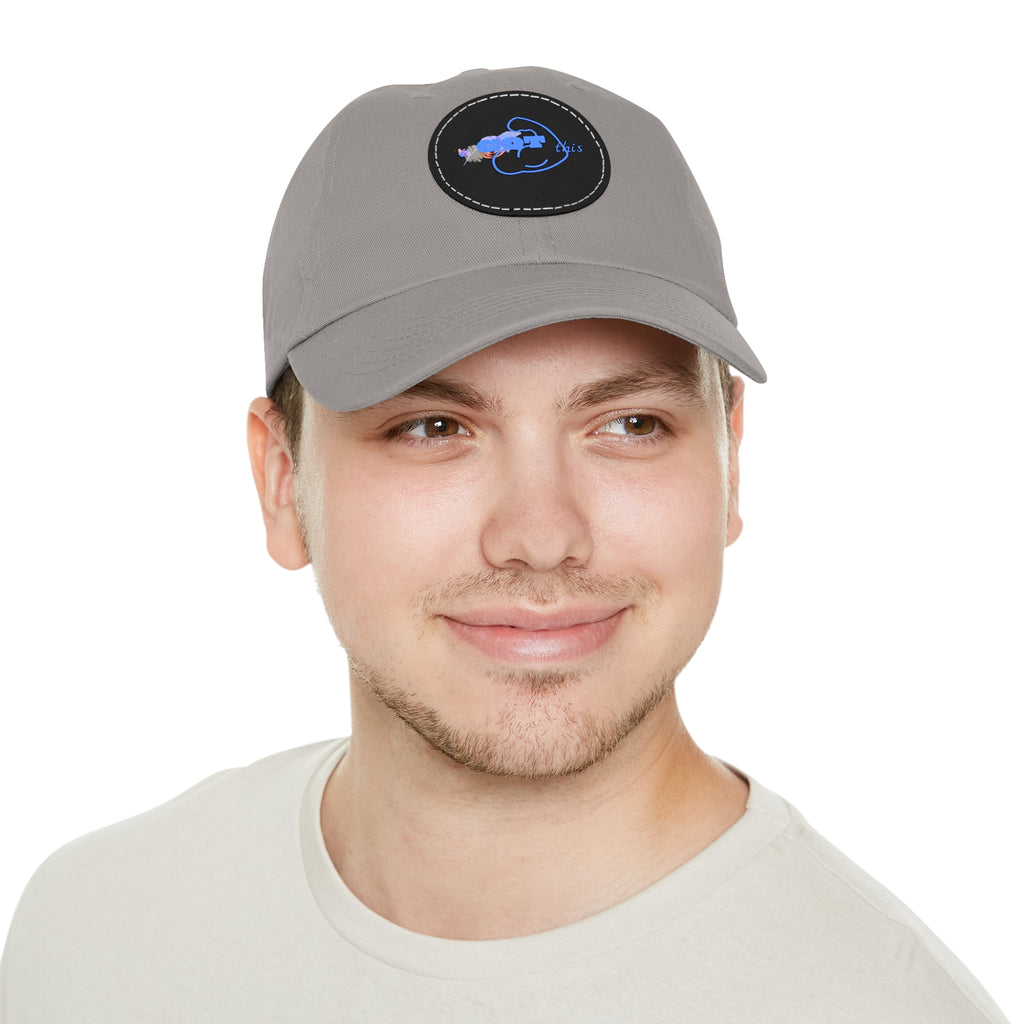 White Dad Hat with Round Leather Patch - Blue Abstract Fish Design