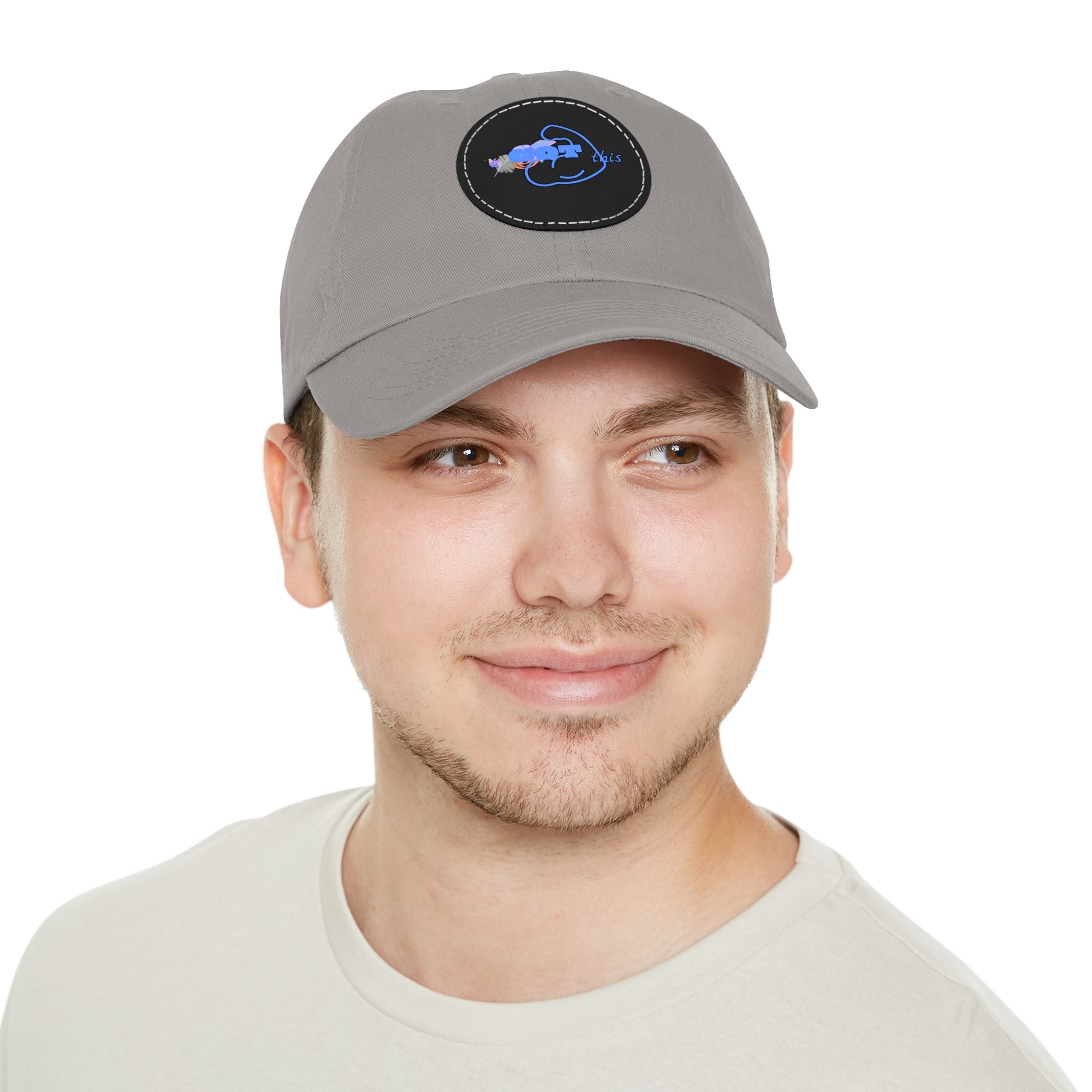 White Dad Hat with Round Leather Patch - Blue Abstract Fish Design